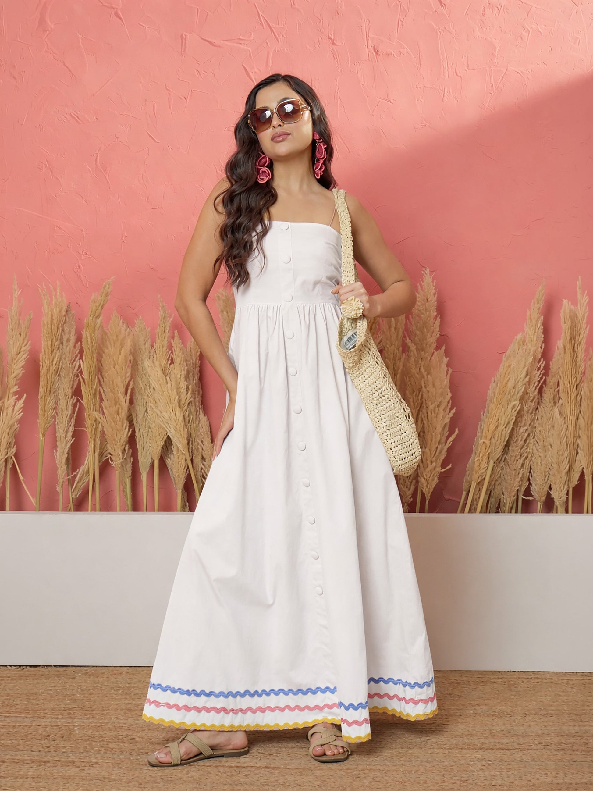 Women White Ric Rac Lace Strappy Maxi Dress