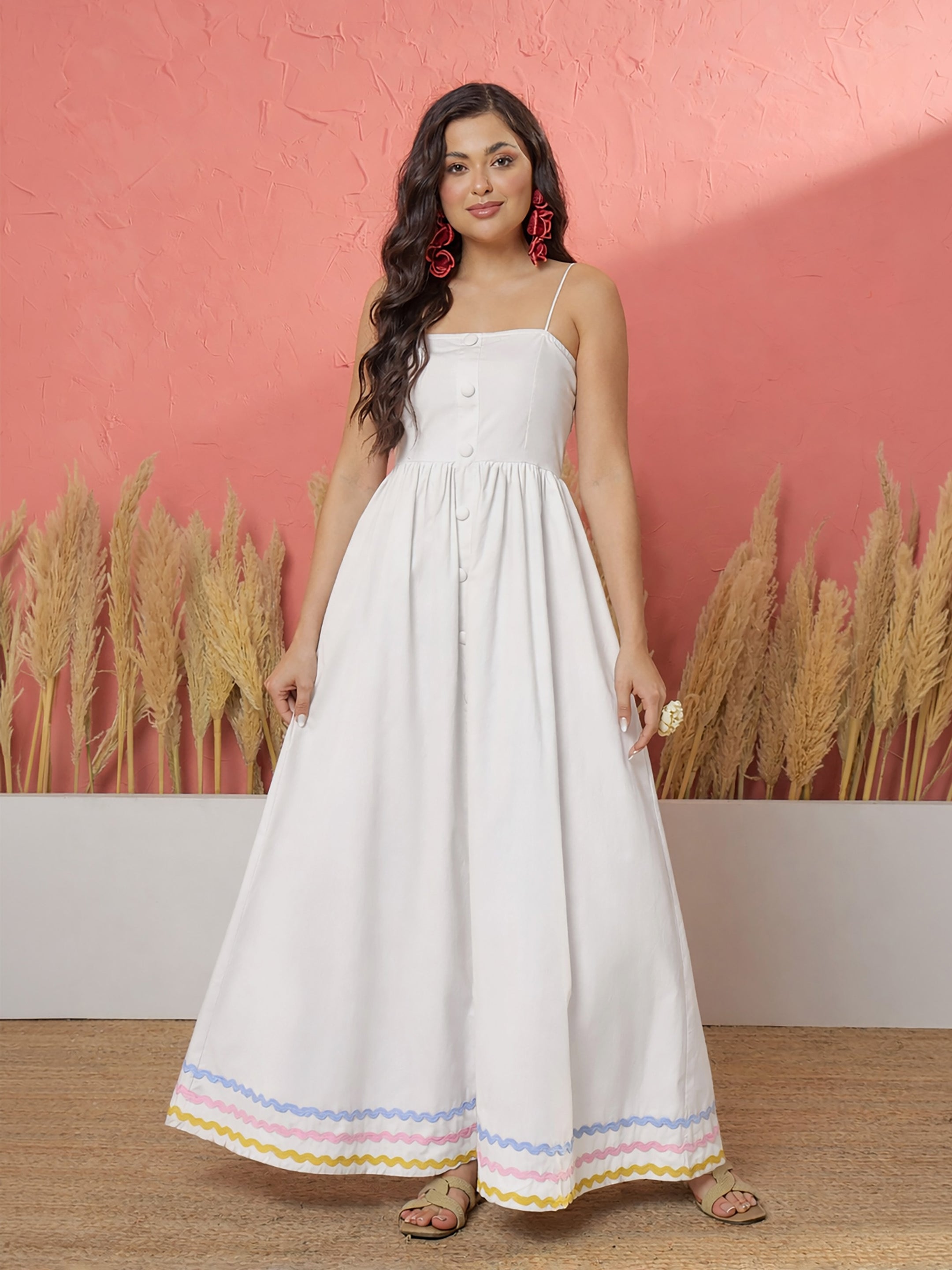 Women White Ric Rac Lace Strappy Maxi Dress
