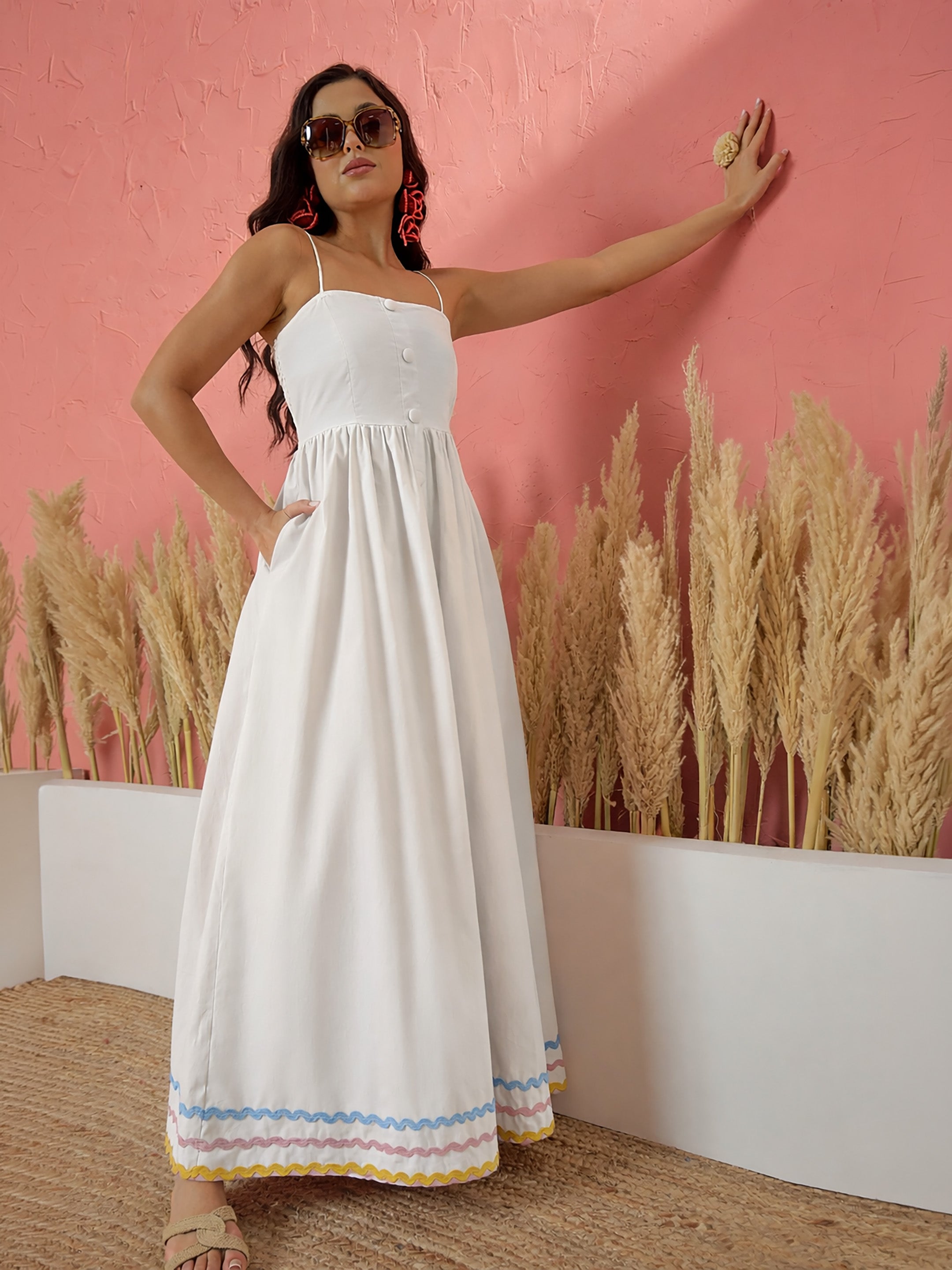 Women White Ric Rac Lace Strappy Maxi Dress