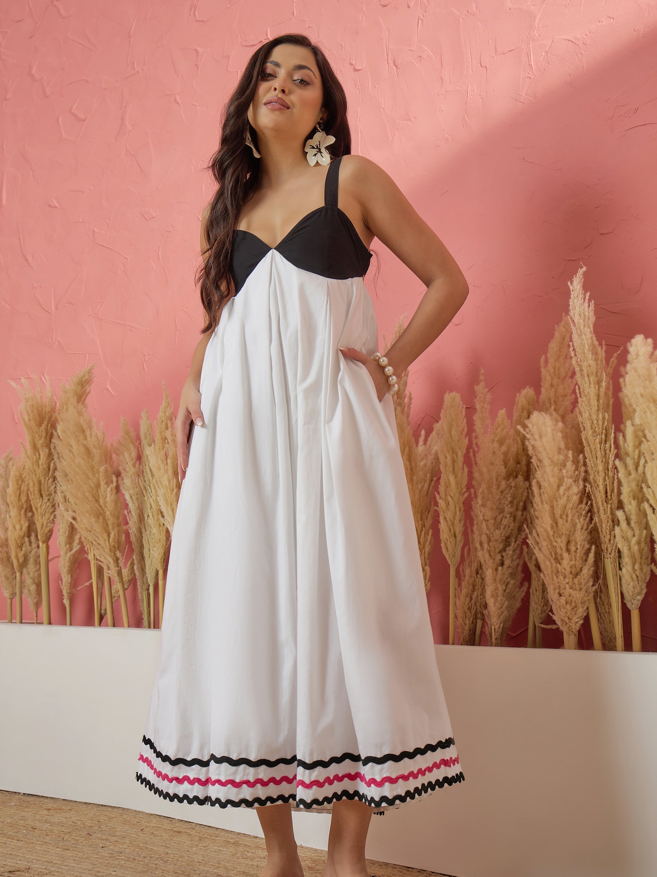 Women White & Black Ric Rac Lace Strappy Back-Tie Midi Dress