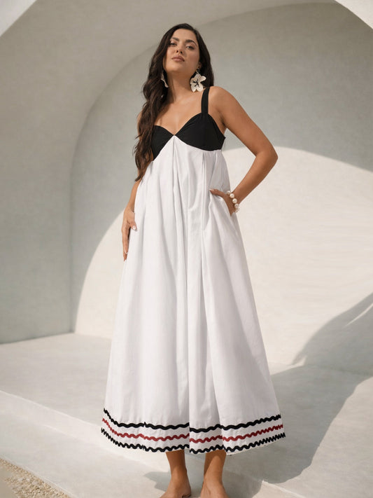 Women White & Black Ric Rac Lace Strappy Back-Tie Midi Dress