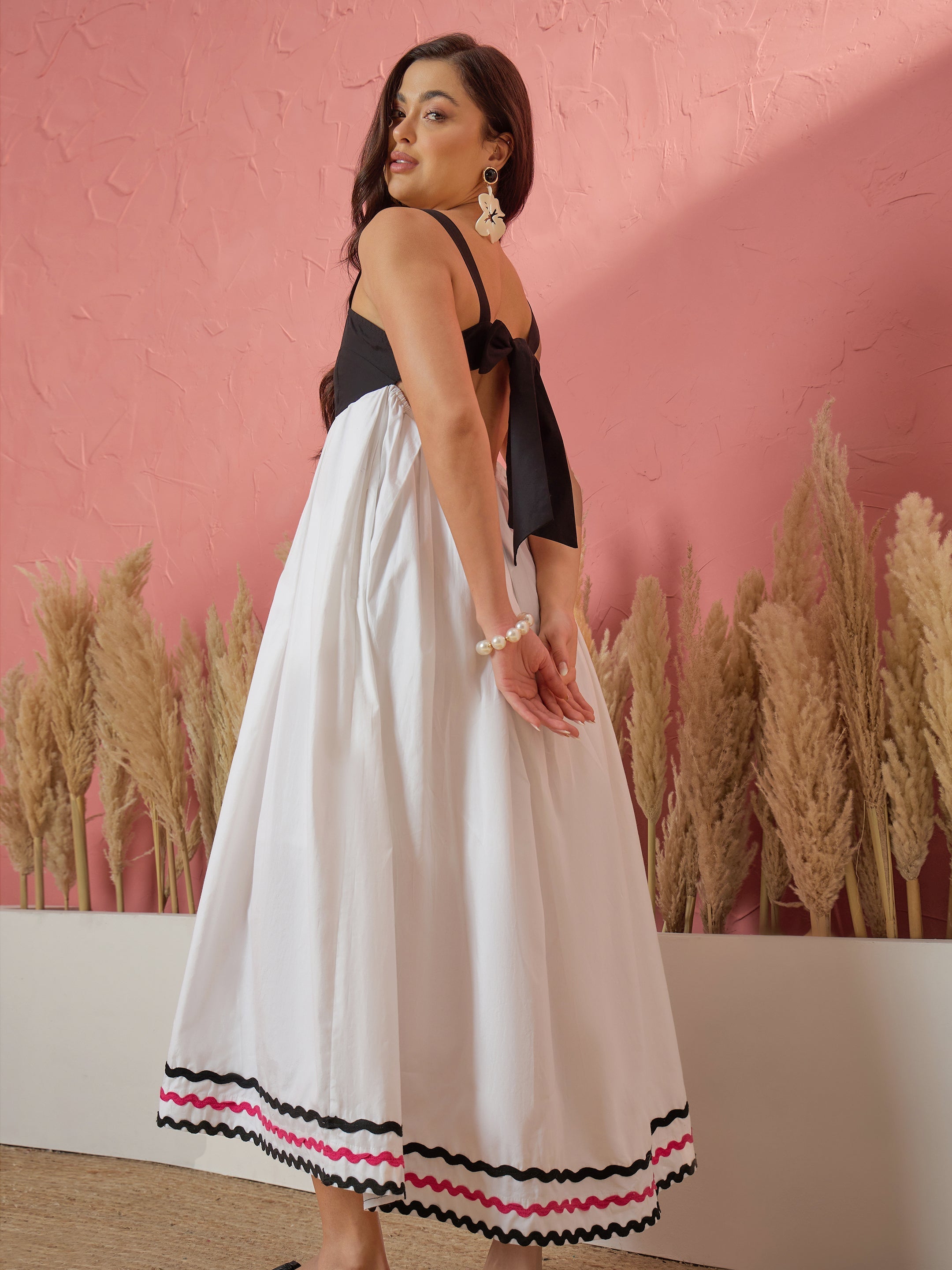 Women White & Black Ric Rac Lace Strappy Back-Tie Midi Dress