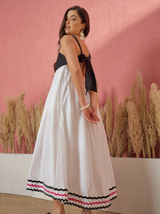 Women White & Black Ric Rac Lace Strappy Back-Tie Midi Dress