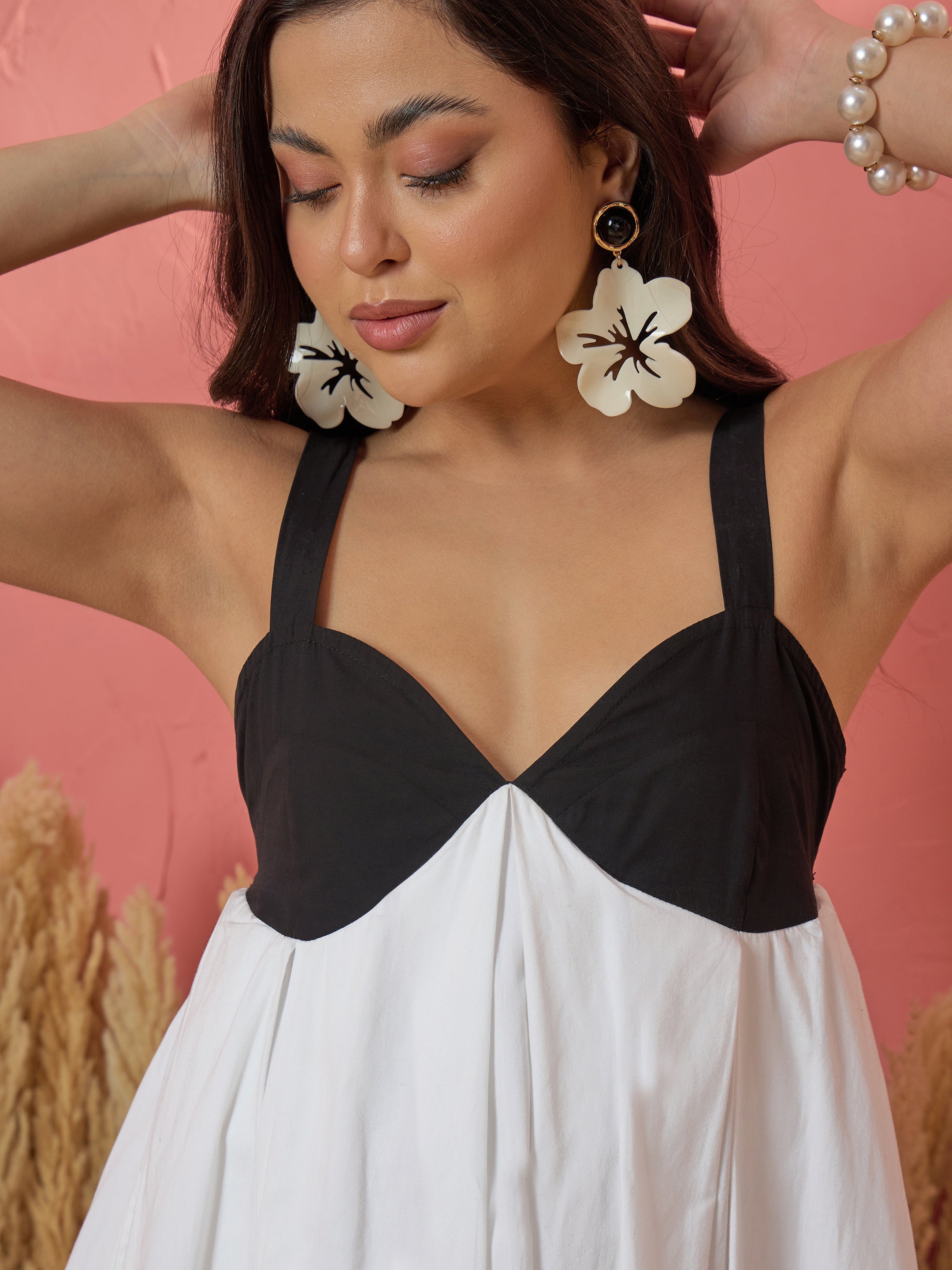 Women White & Black Ric Rac Lace Strappy Back-Tie Midi Dress