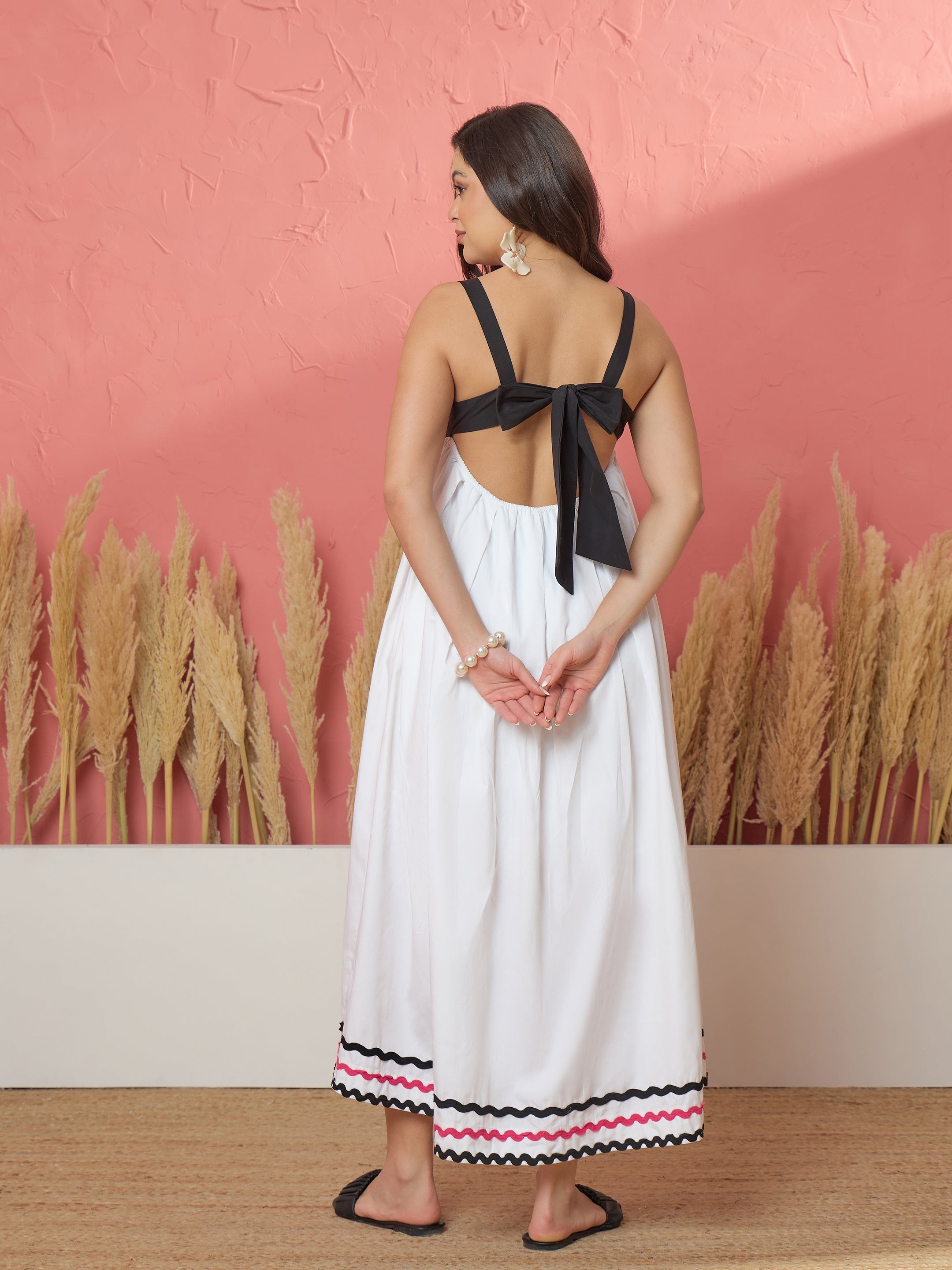 Women White & Black Ric Rac Lace Strappy Back-Tie Midi Dress