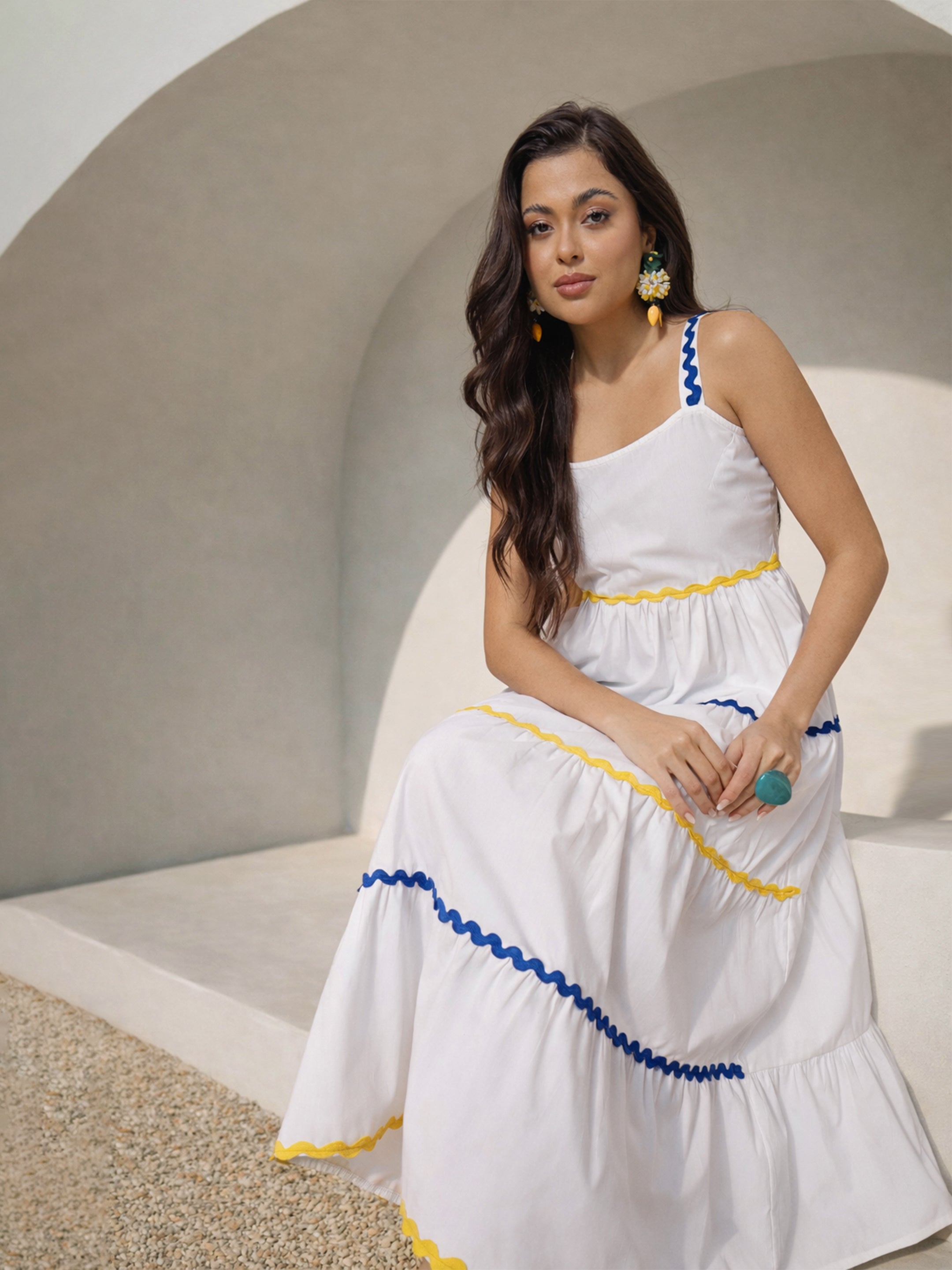 Women White Ric Rac Lace Strappy Tiered Maxi Dress