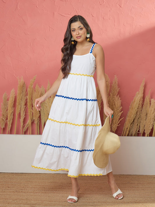 Women White Ric Rac Lace Strappy Tiered Maxi Dress
