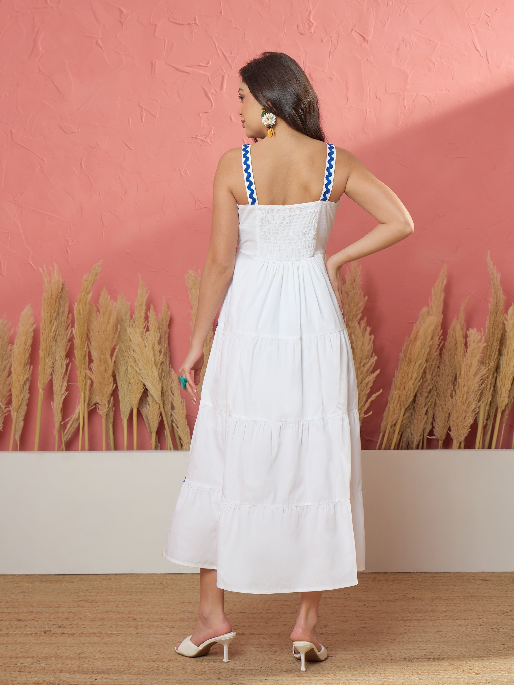 Women White Ric Rac Lace Strappy Tiered Maxi Dress