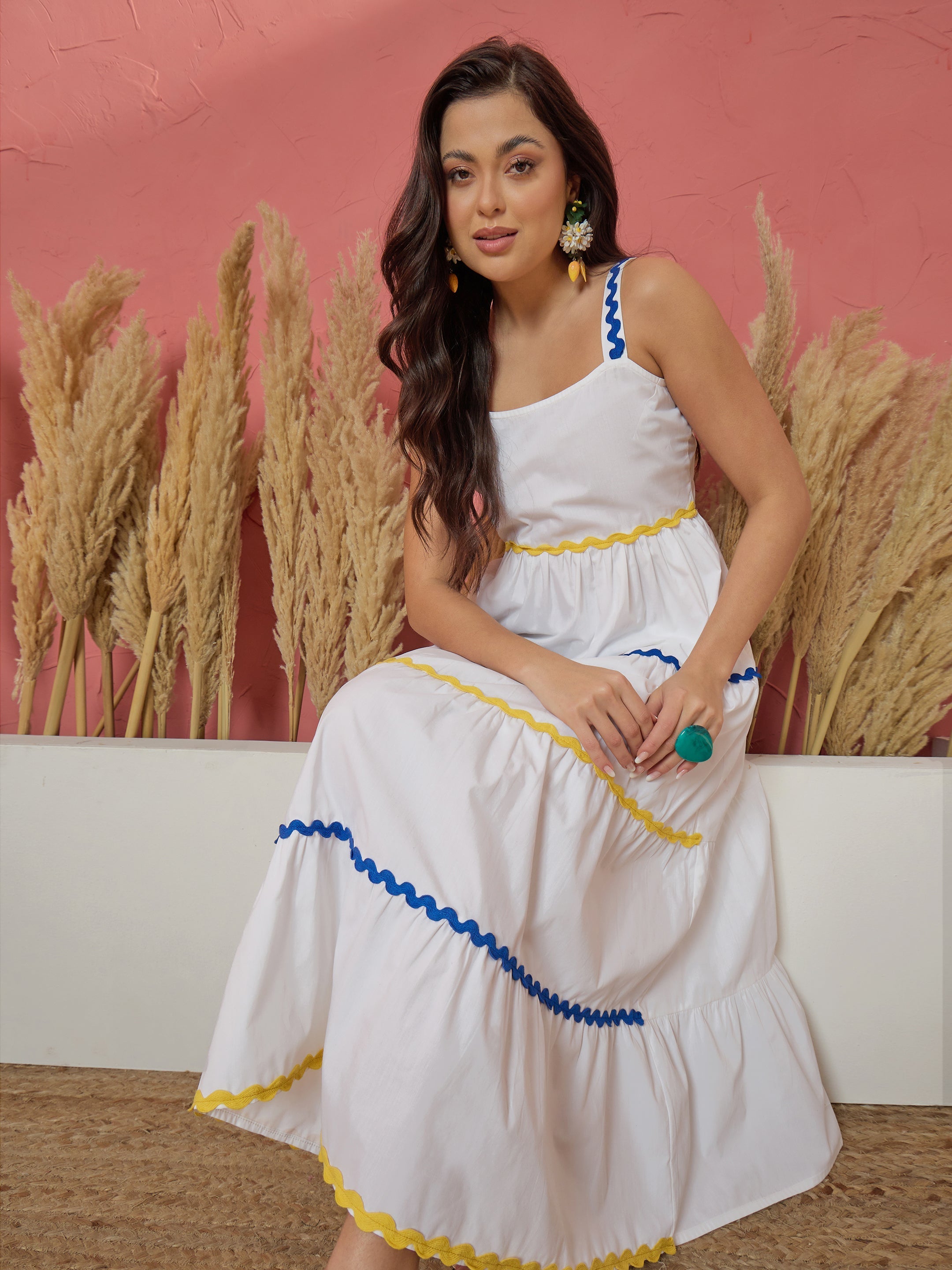 Women White Ric Rac Lace Strappy Tiered Maxi Dress