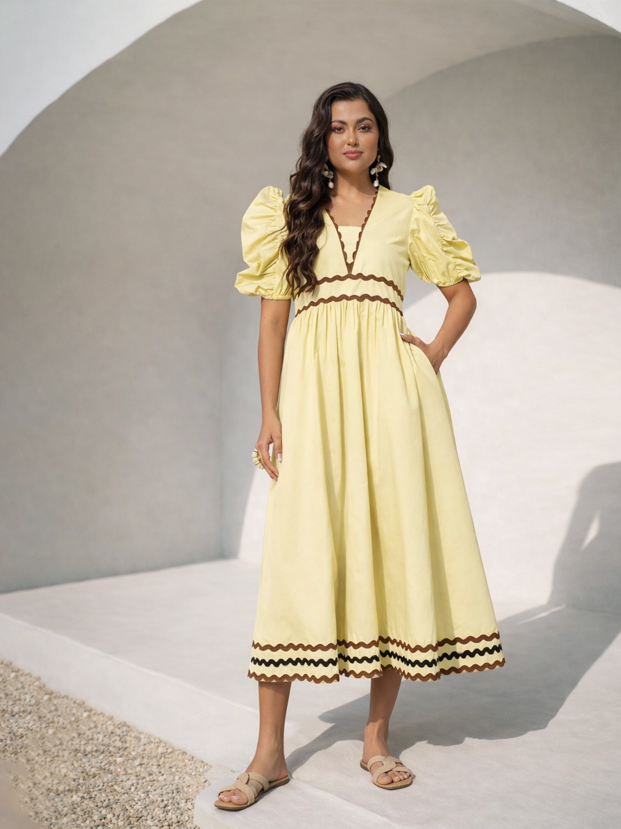 Women Yellow Ric Rac Lace A-Line Midi Dress