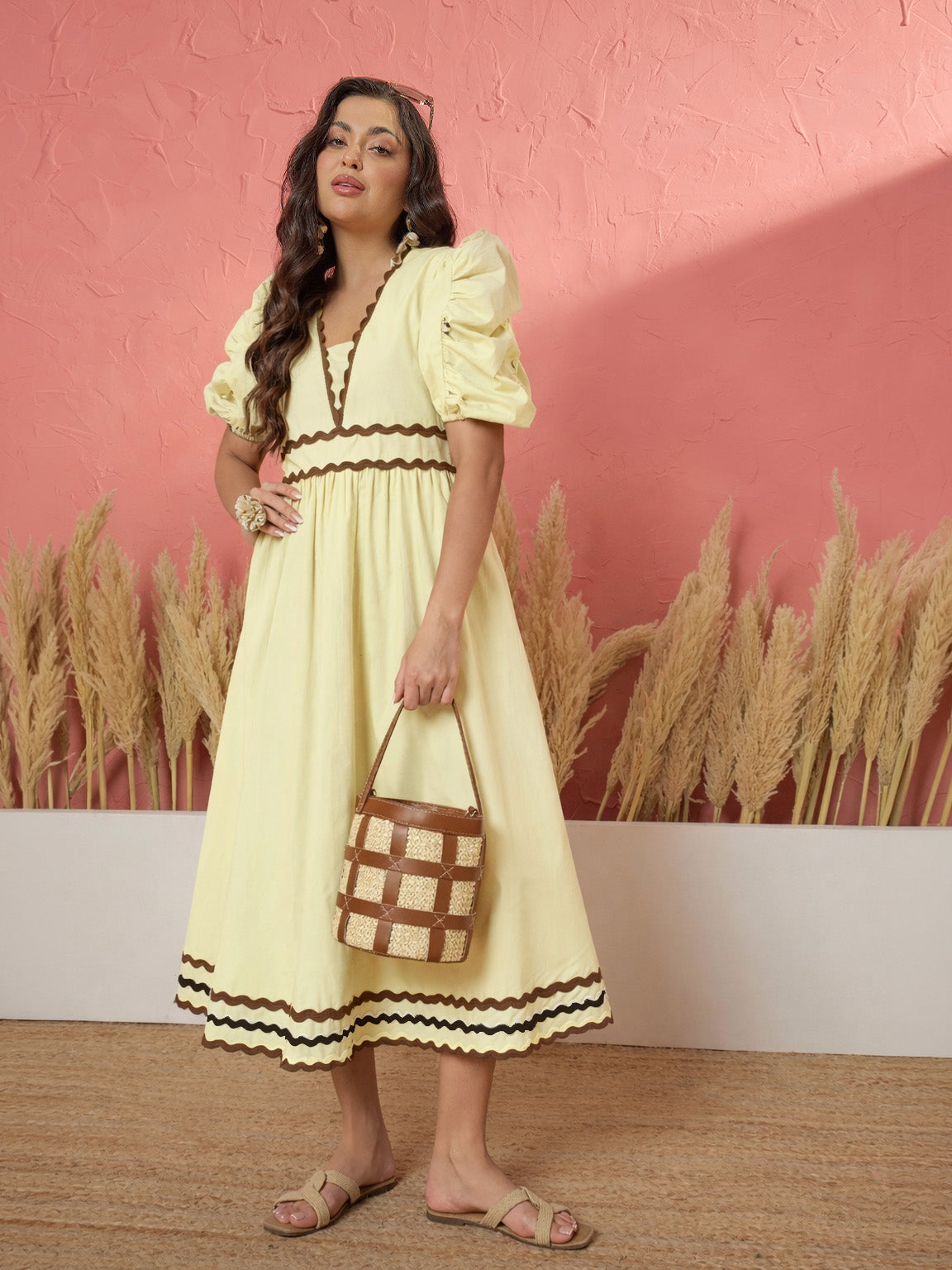 Women Yellow Ric Rac Lace A-Line Midi Dress