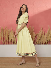 Women Yellow Ric Rac Lace A-Line Midi Dress