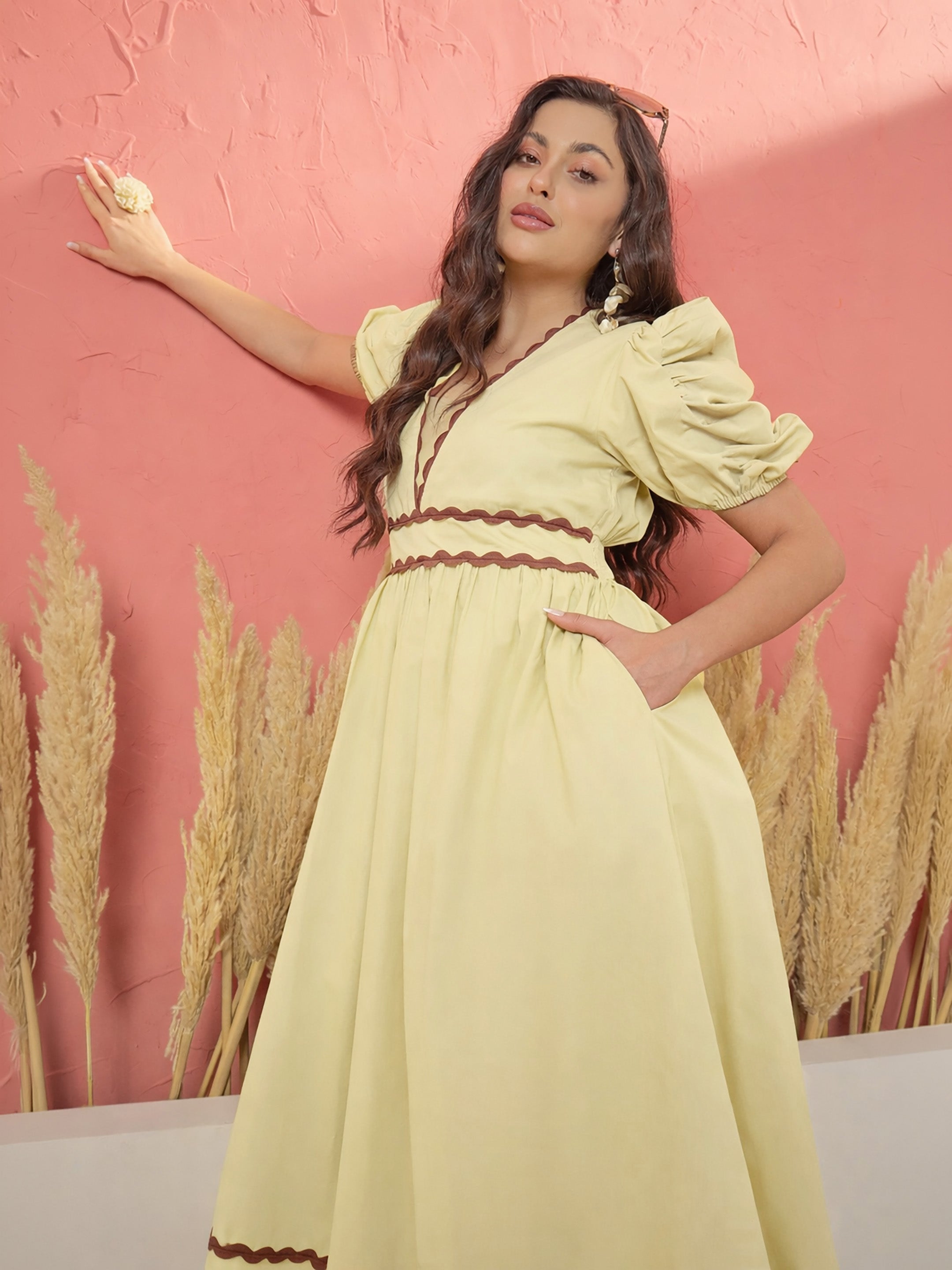 Women Yellow Ric Rac Lace A-Line Midi Dress