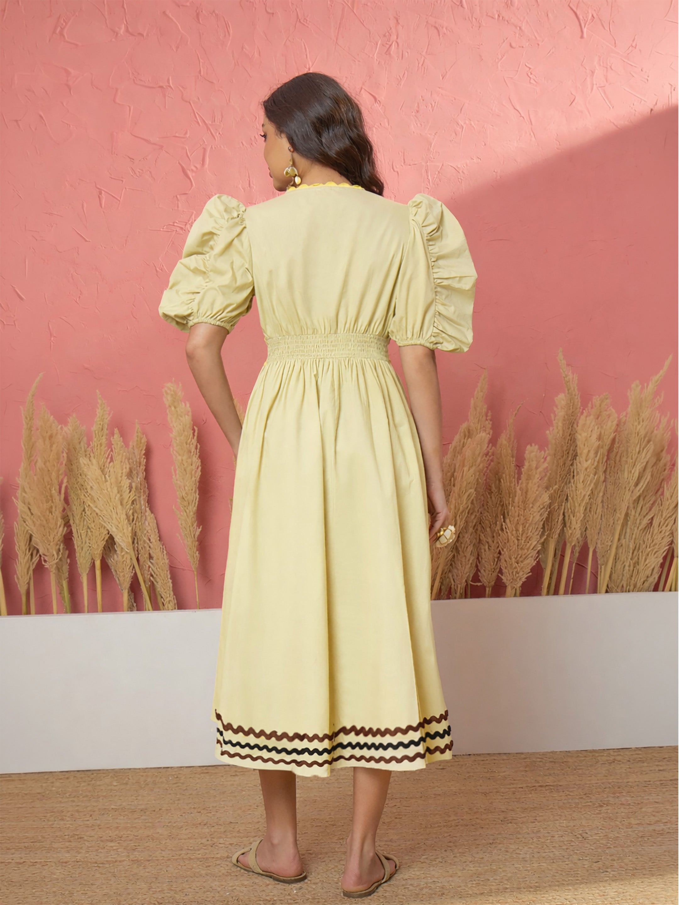 Women Yellow Ric Rac Lace A-Line Midi Dress