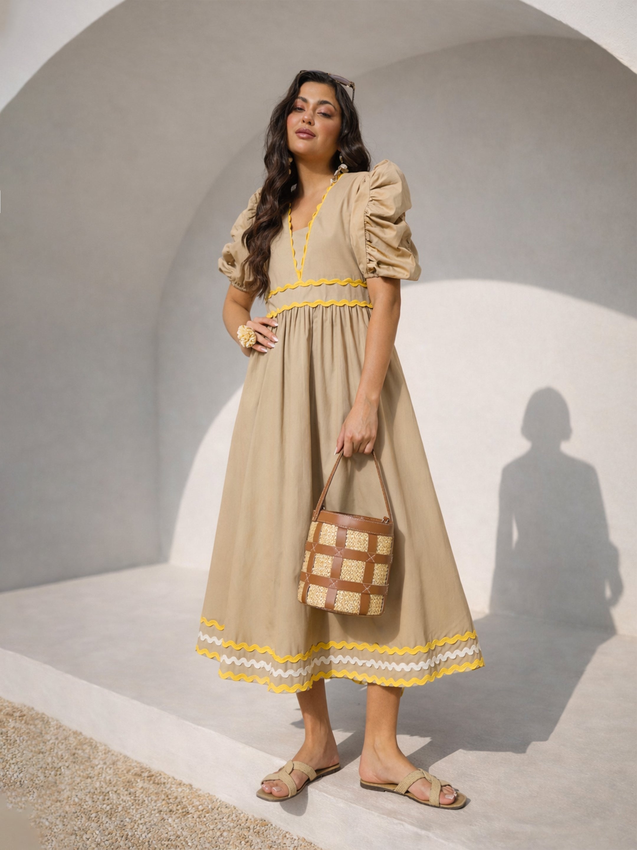 Women Beige Ric Rac Lace A-Line Midi Dress