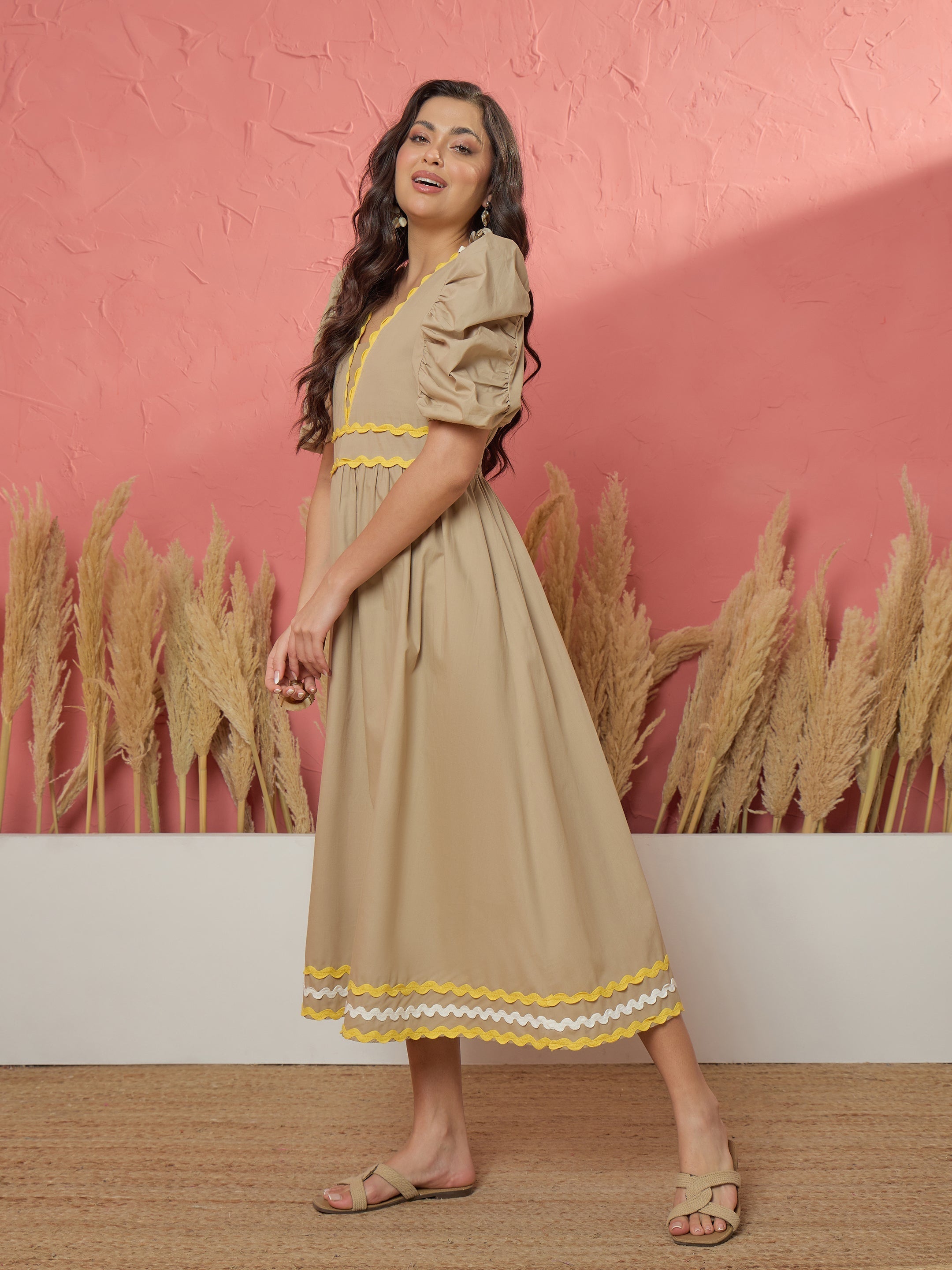 Women Beige Ric Rac Lace A-Line Midi Dress