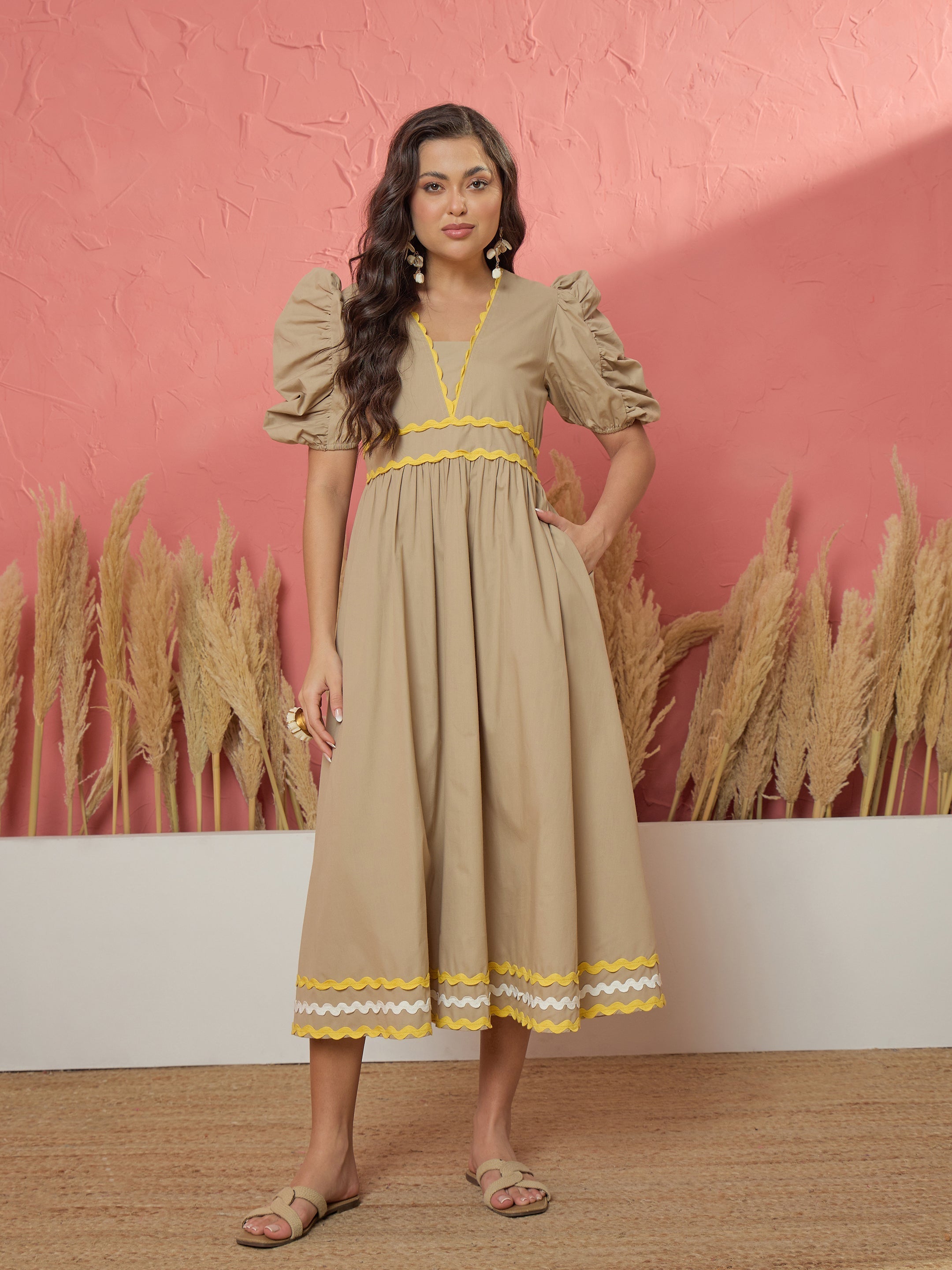 Women Beige Ric Rac Lace A-Line Midi Dress