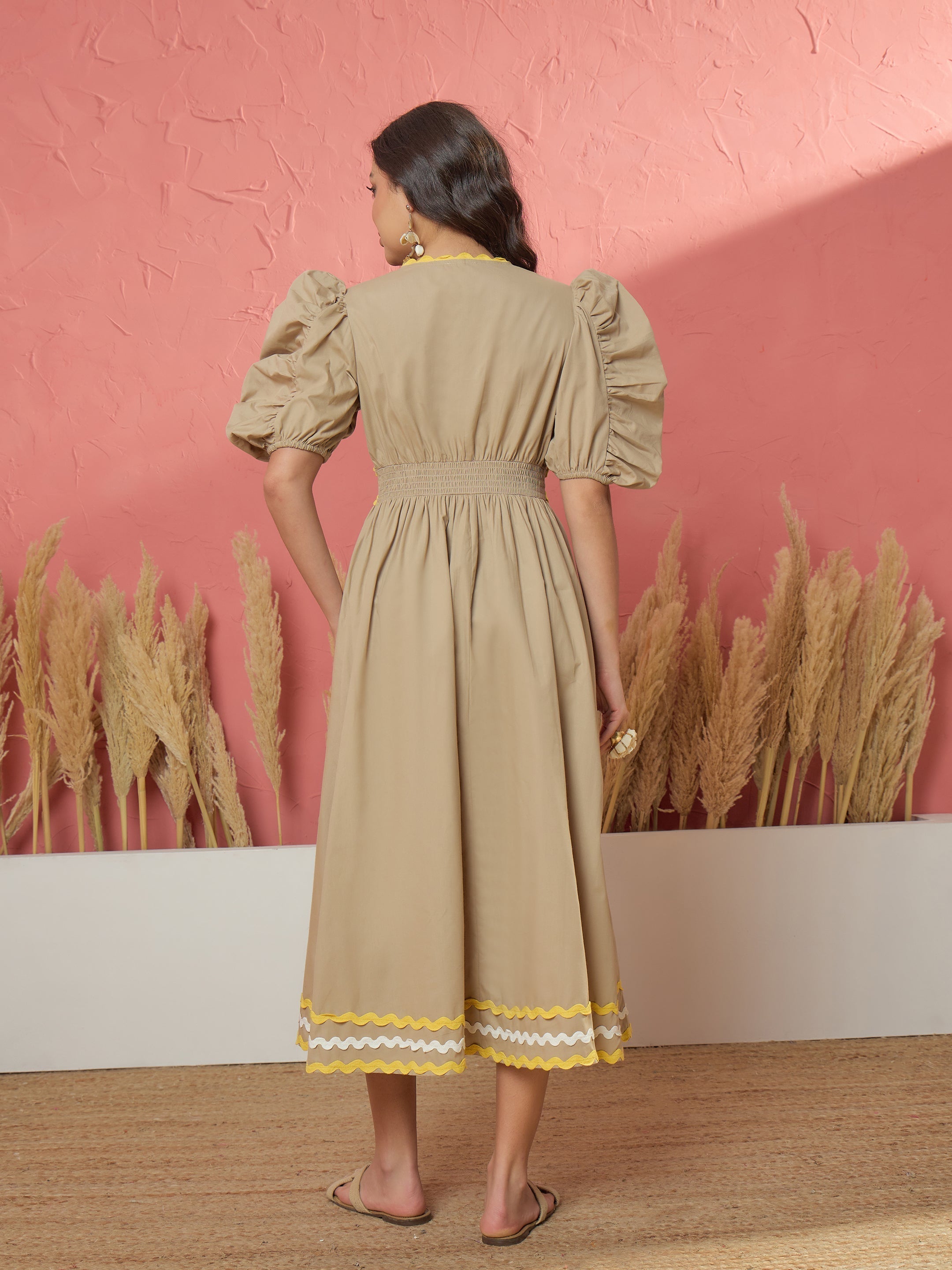 Women Beige Ric Rac Lace A-Line Midi Dress