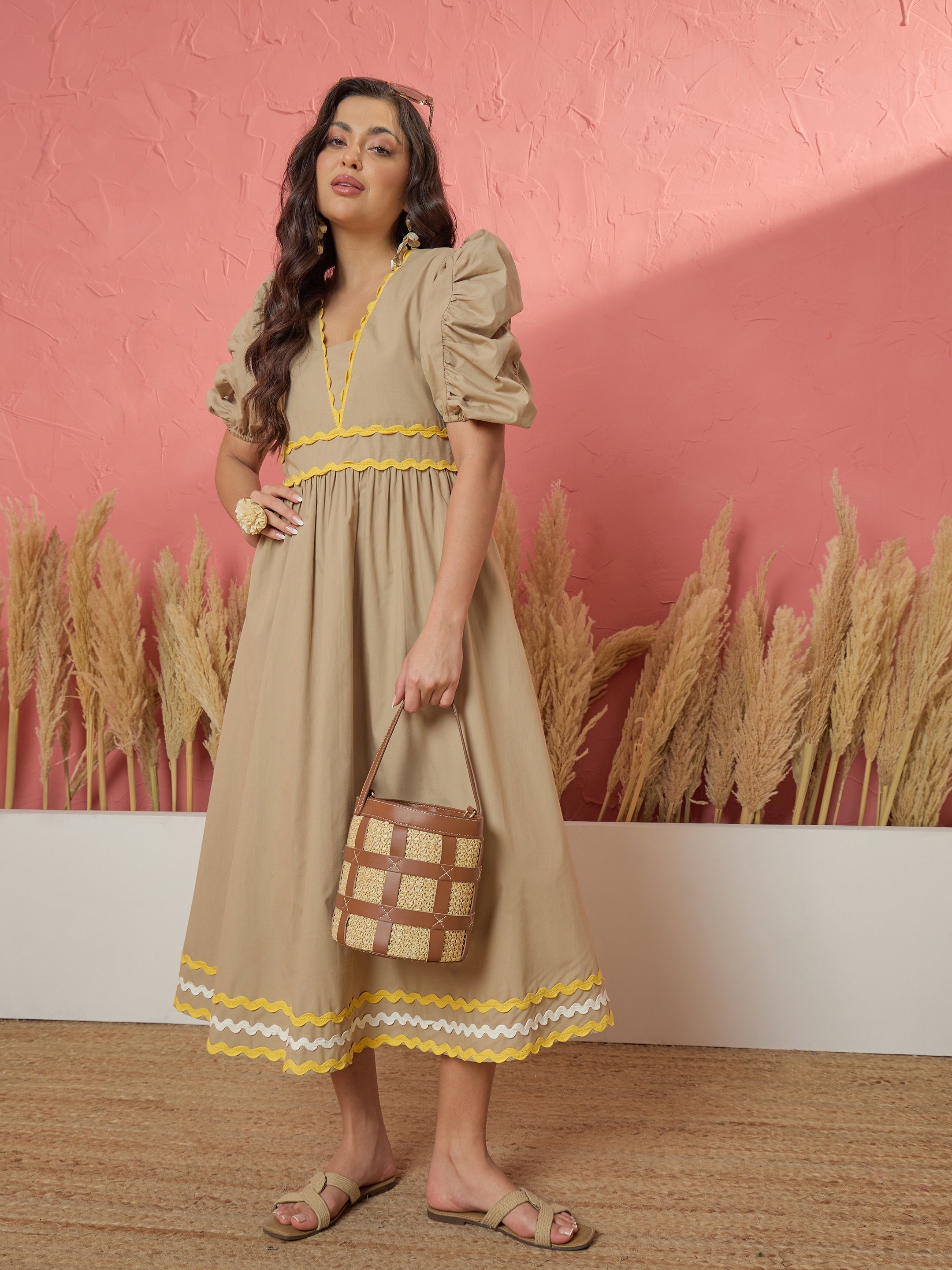 Women Beige Ric Rac Lace A-Line Midi Dress