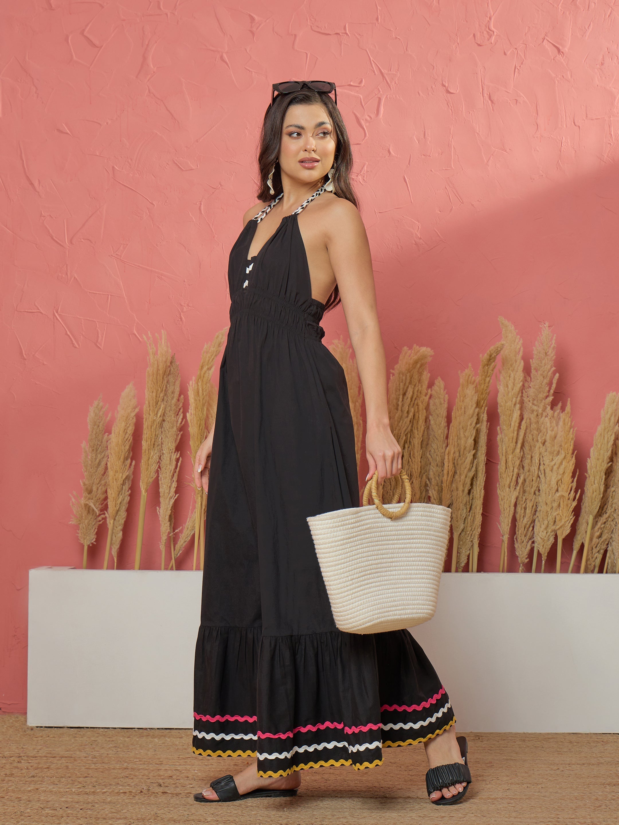 Women Black Ric Rac Lace Strappy Flared Hem Maxi Dress