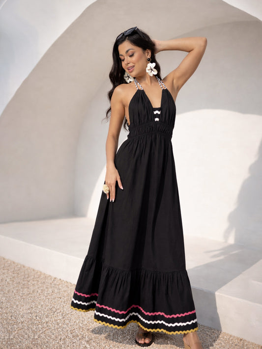 Women Black Ric Rac Lace Strappy Flared Hem Maxi Dress