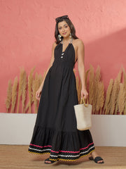 Women Black Ric Rac Lace Strappy Flared Hem Maxi Dress