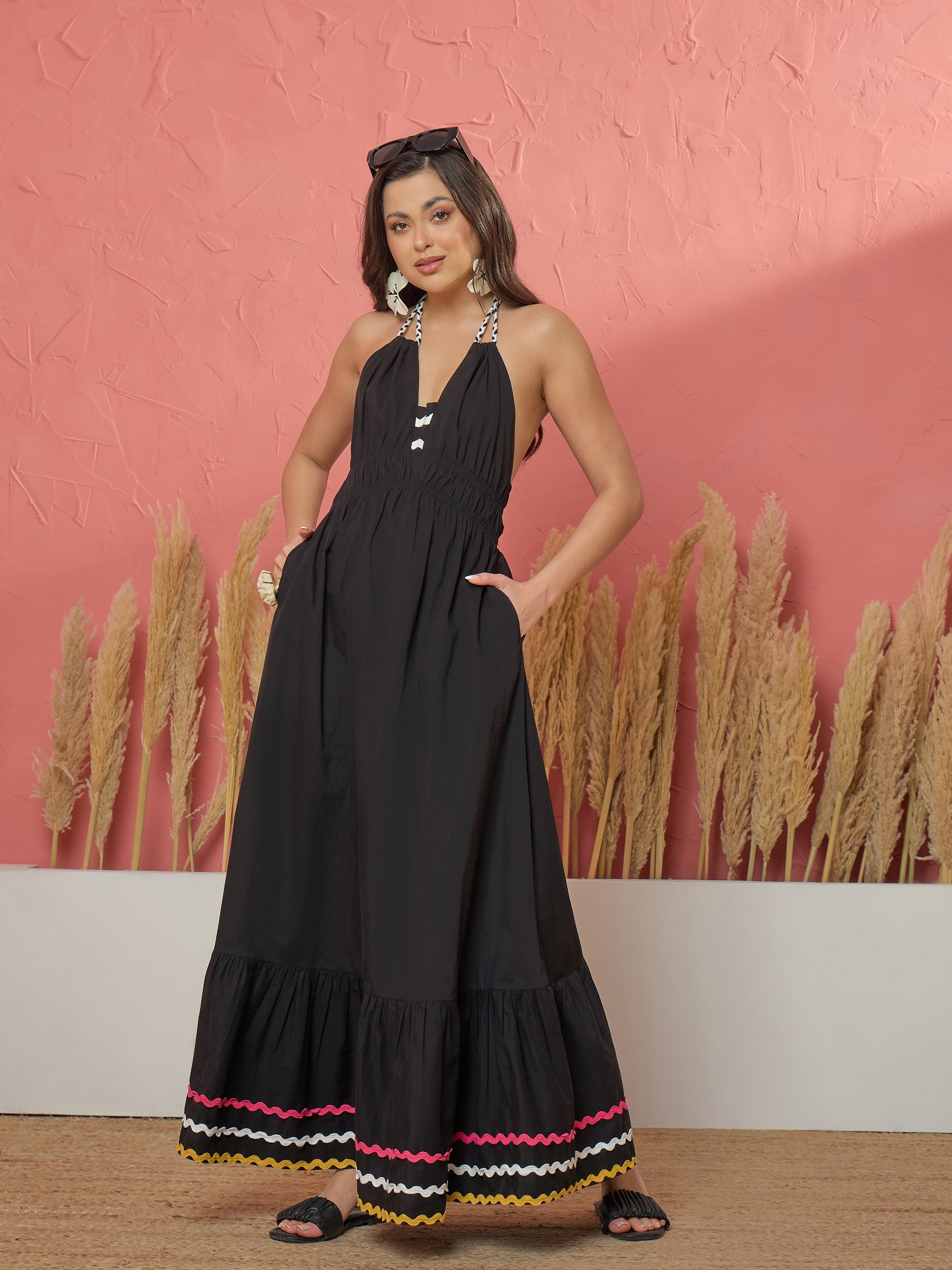 Women Black Ric Rac Lace Strappy Flared Hem Maxi Dress