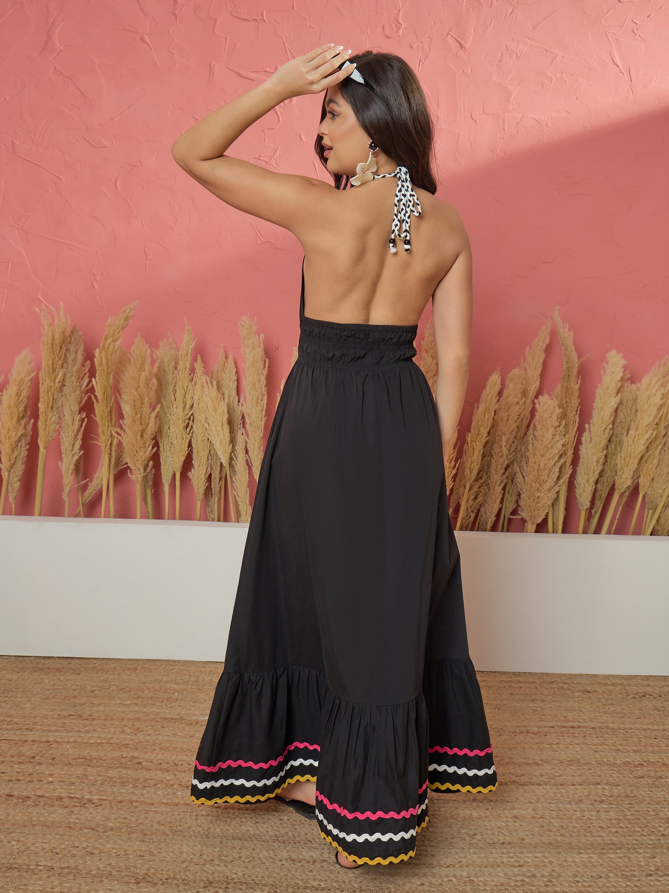 Women Black Ric Rac Lace Strappy Flared Hem Maxi Dress