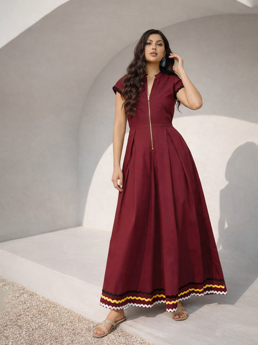 Women Maroon Ric Rac Lace Front Zipper A-Line Maxi Dress