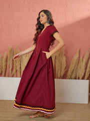 Women Maroon Ric Rac Lace Front Zipper A-Line Maxi Dress