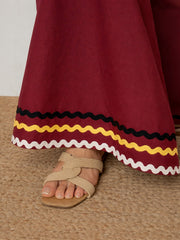 Women Maroon Ric Rac Lace Front Zipper A-Line Maxi Dress