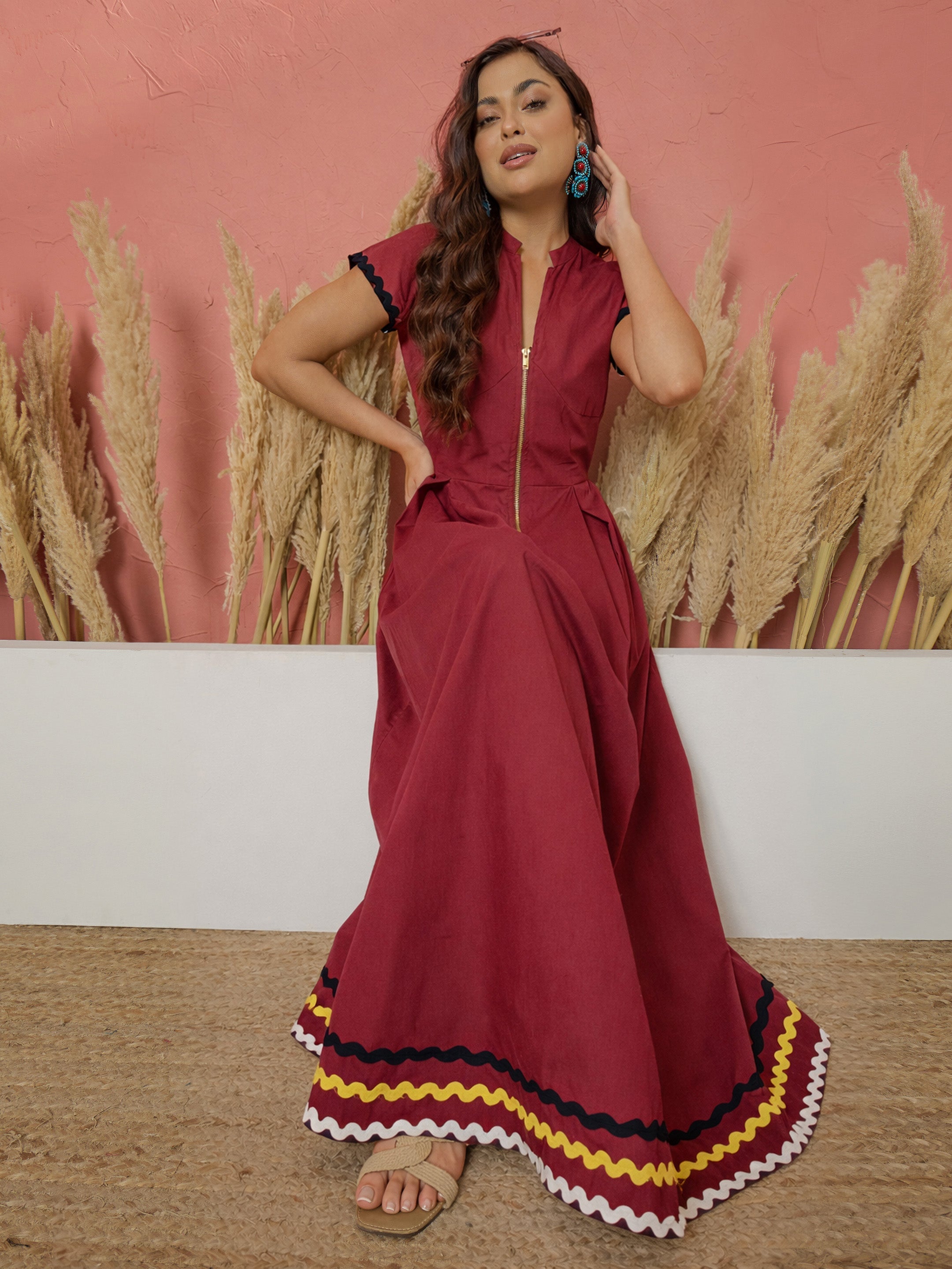 Women Maroon Ric Rac Lace Front Zipper A-Line Maxi Dress