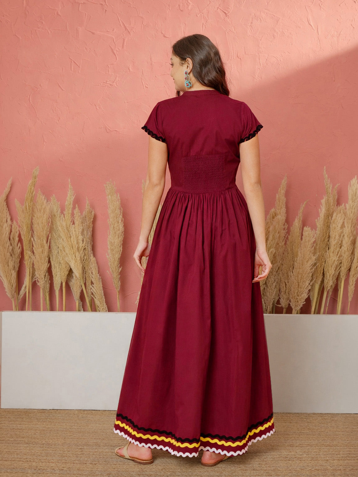 Women Maroon Ric Rac Lace Front Zipper A-Line Maxi Dress