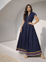 Women Navy Ric Rac Lace Front Zipper A-Line Maxi Dress