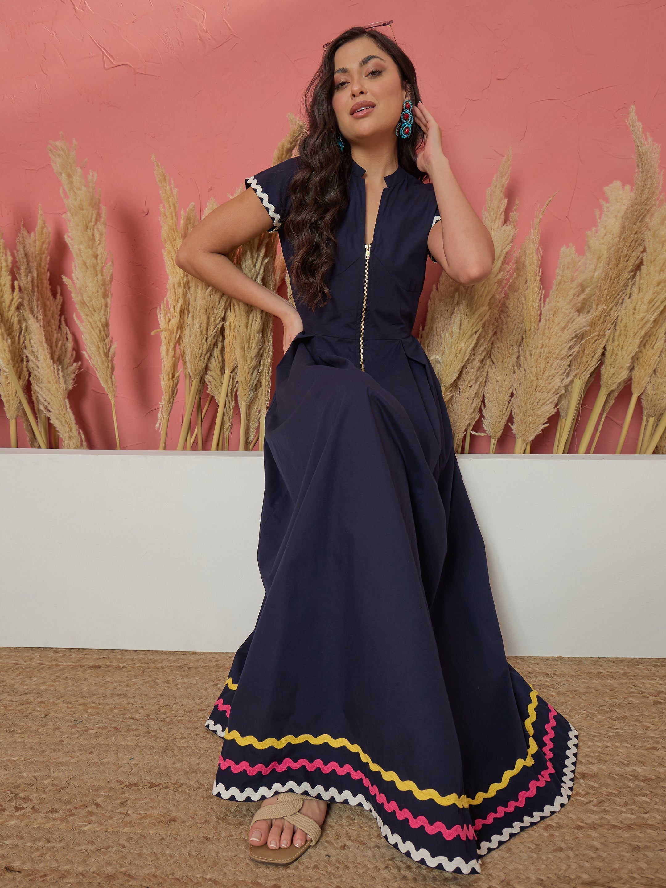 Women Navy Ric Rac Lace Front Zipper A-Line Maxi Dress