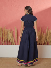 Women Navy Ric Rac Lace Front Zipper A-Line Maxi Dress
