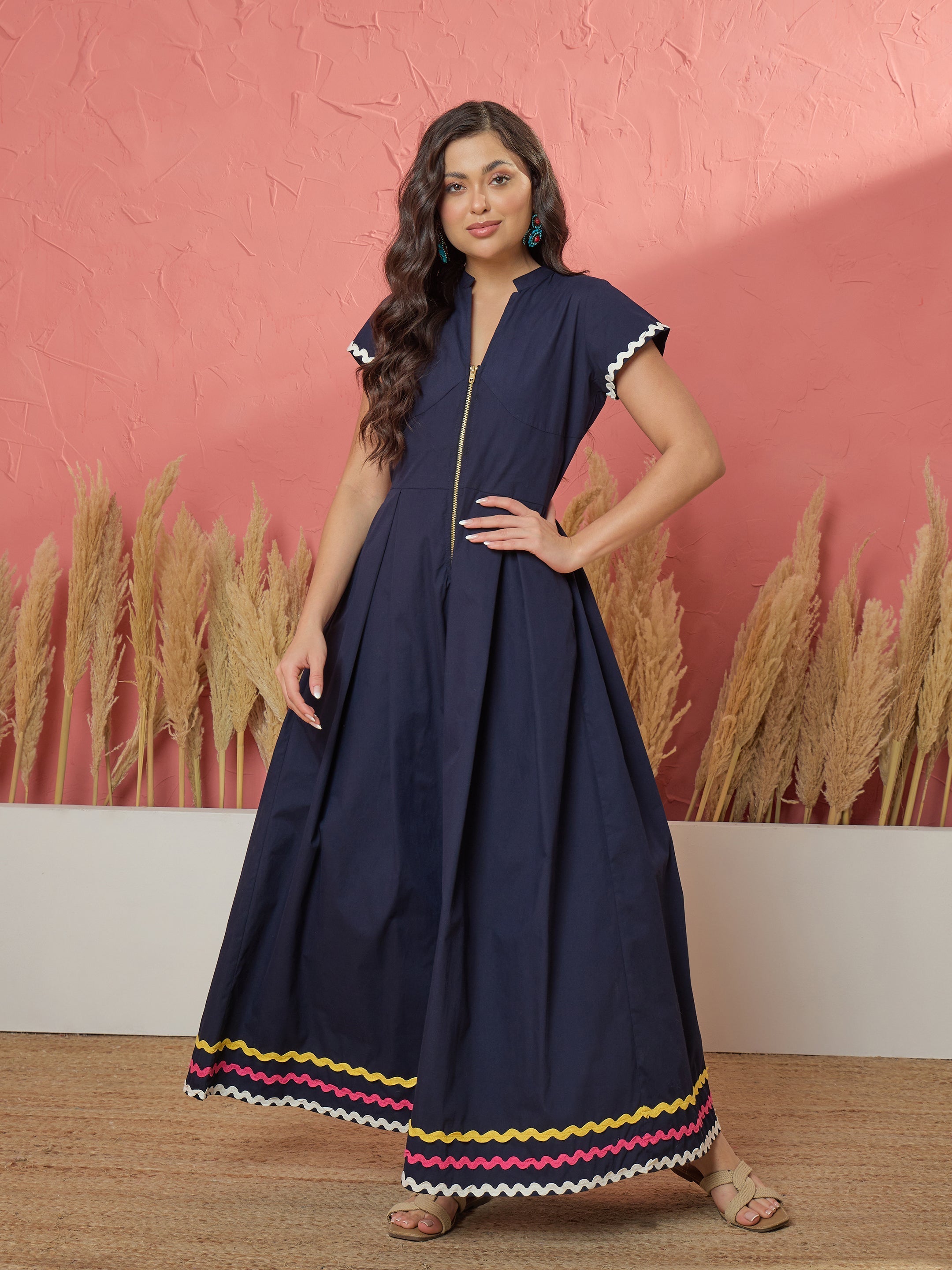 Women Navy Ric Rac Lace Front Zipper A-Line Maxi Dress