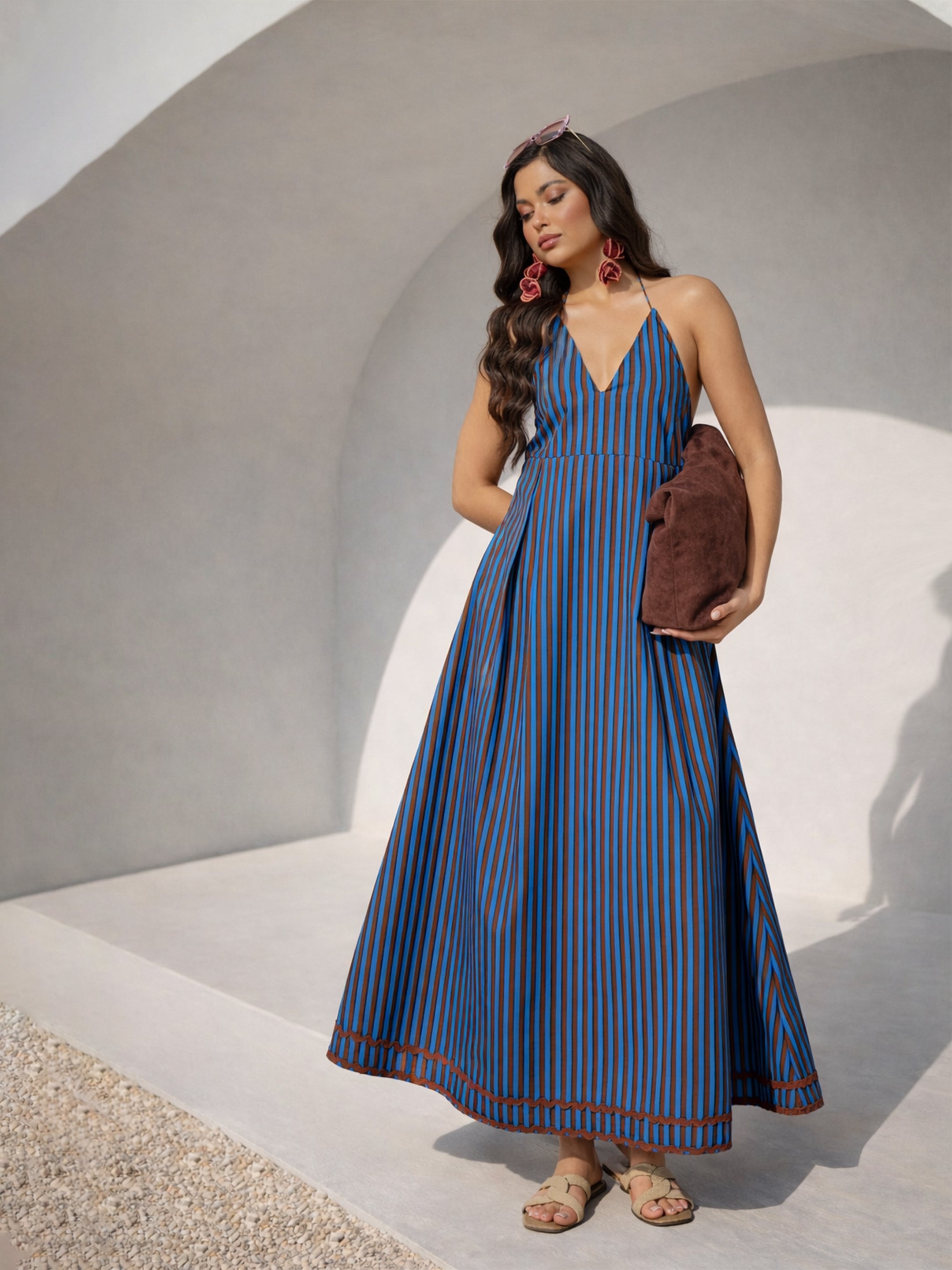 Women Blue & Brown Stripe Ric Rac Lace Halter Neck Midi Dress