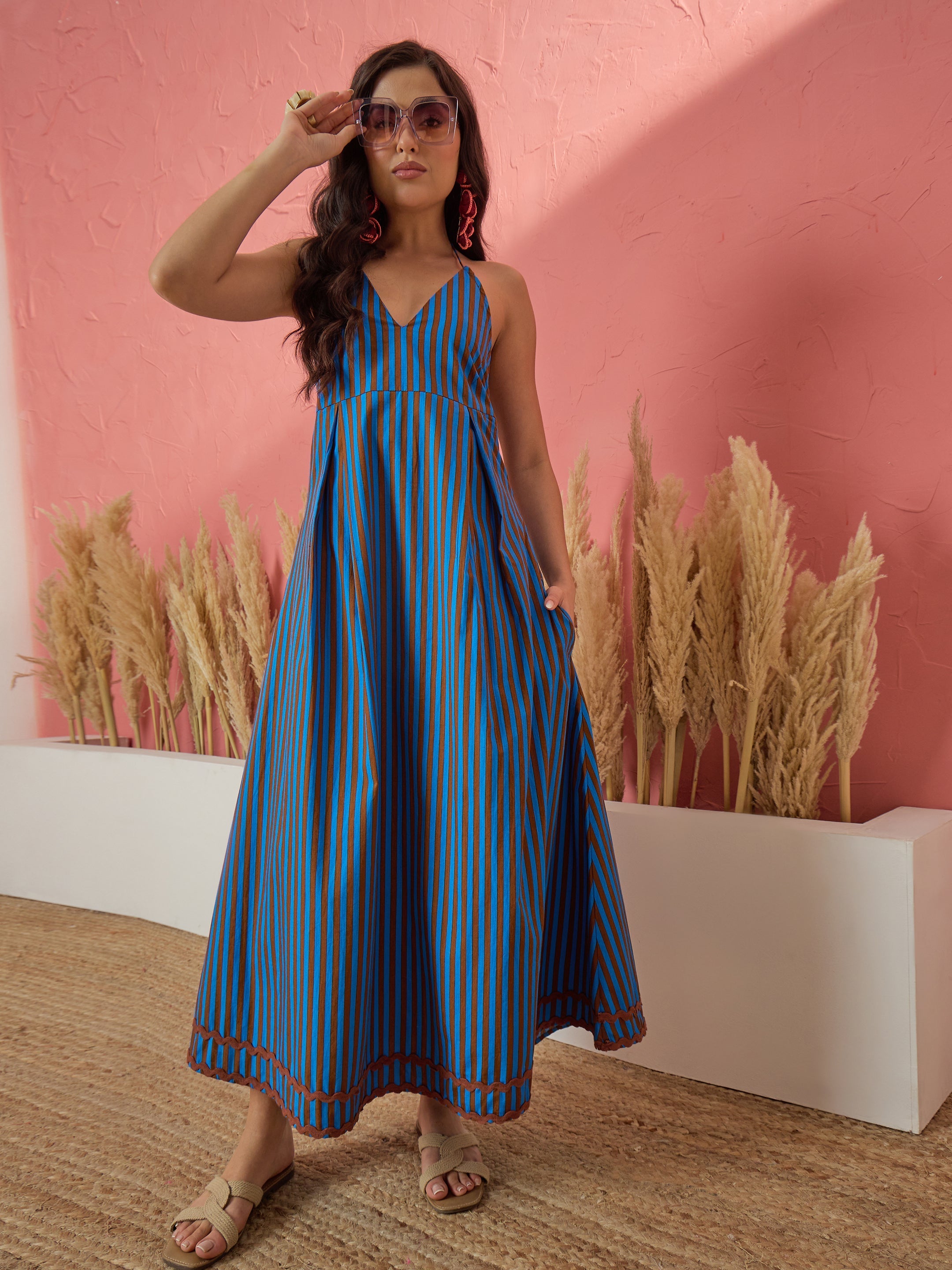 Women Blue & Brown Stripe Ric Rac Lace Halter Neck Midi Dress
