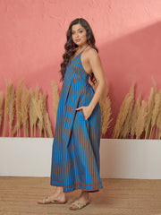 Women Blue & Brown Stripe Ric Rac Lace Halter Neck Midi Dress