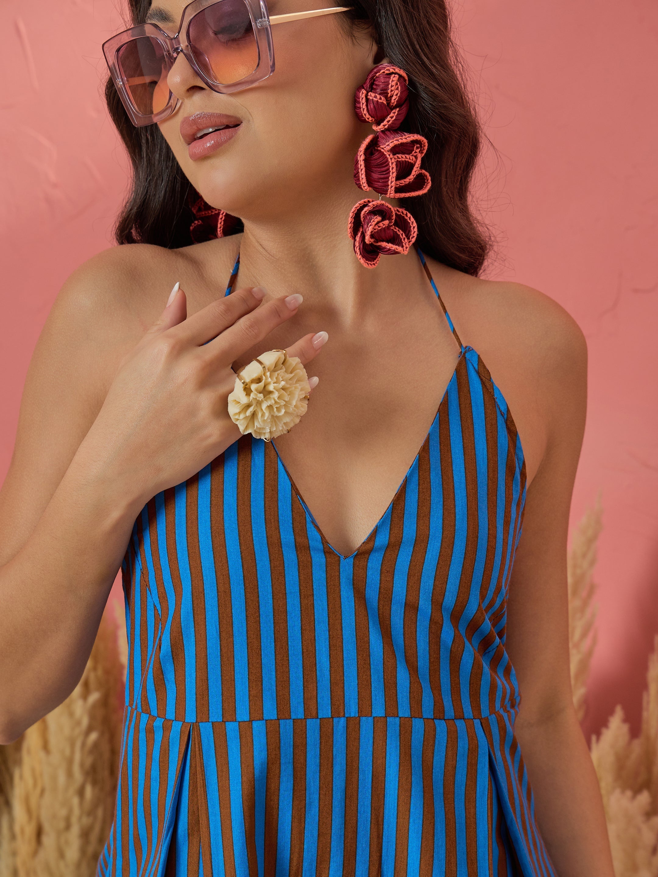 Women Blue & Brown Stripe Ric Rac Lace Halter Neck Midi Dress