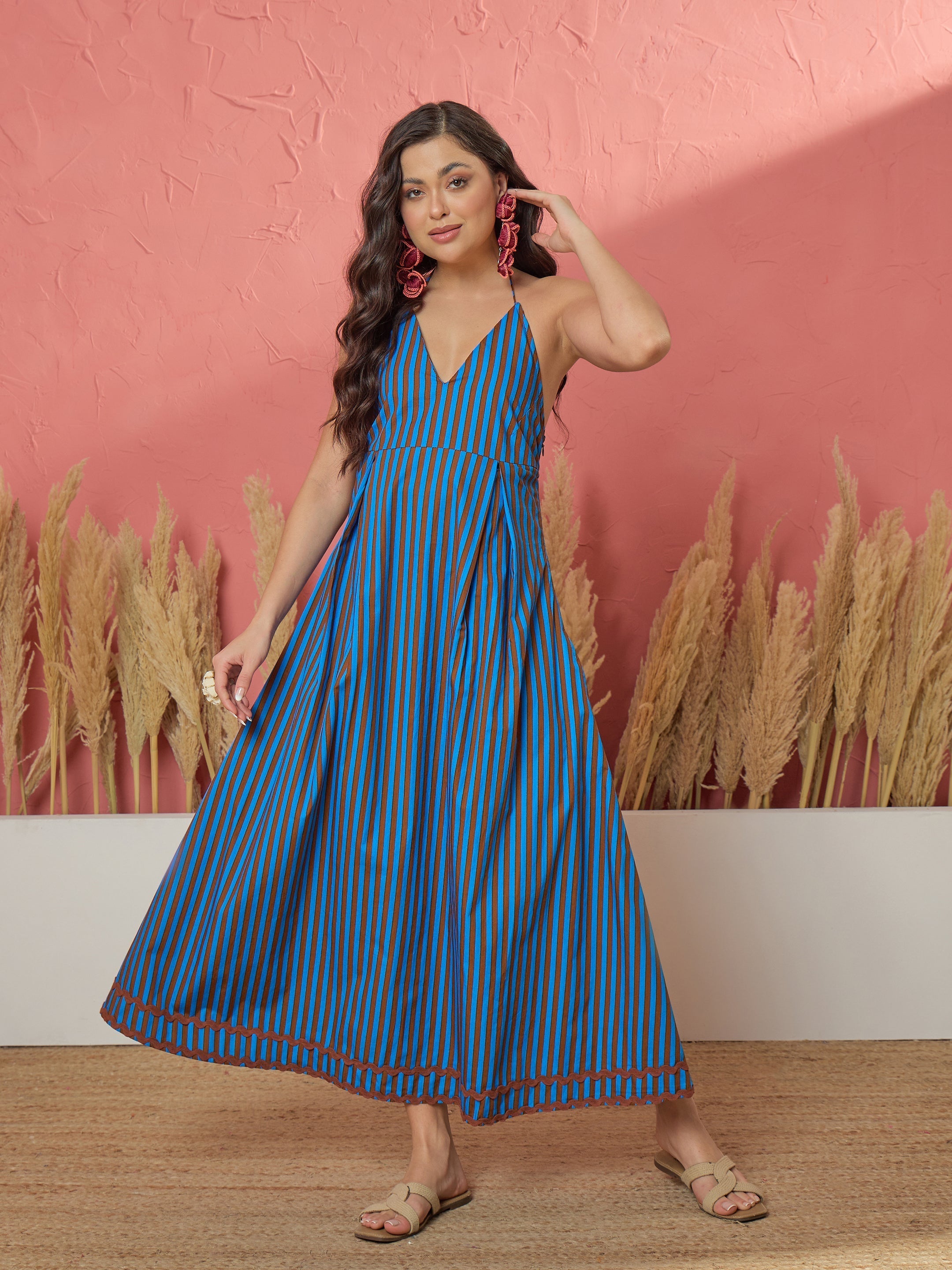 Women Blue & Brown Stripe Ric Rac Lace Halter Neck Midi Dress