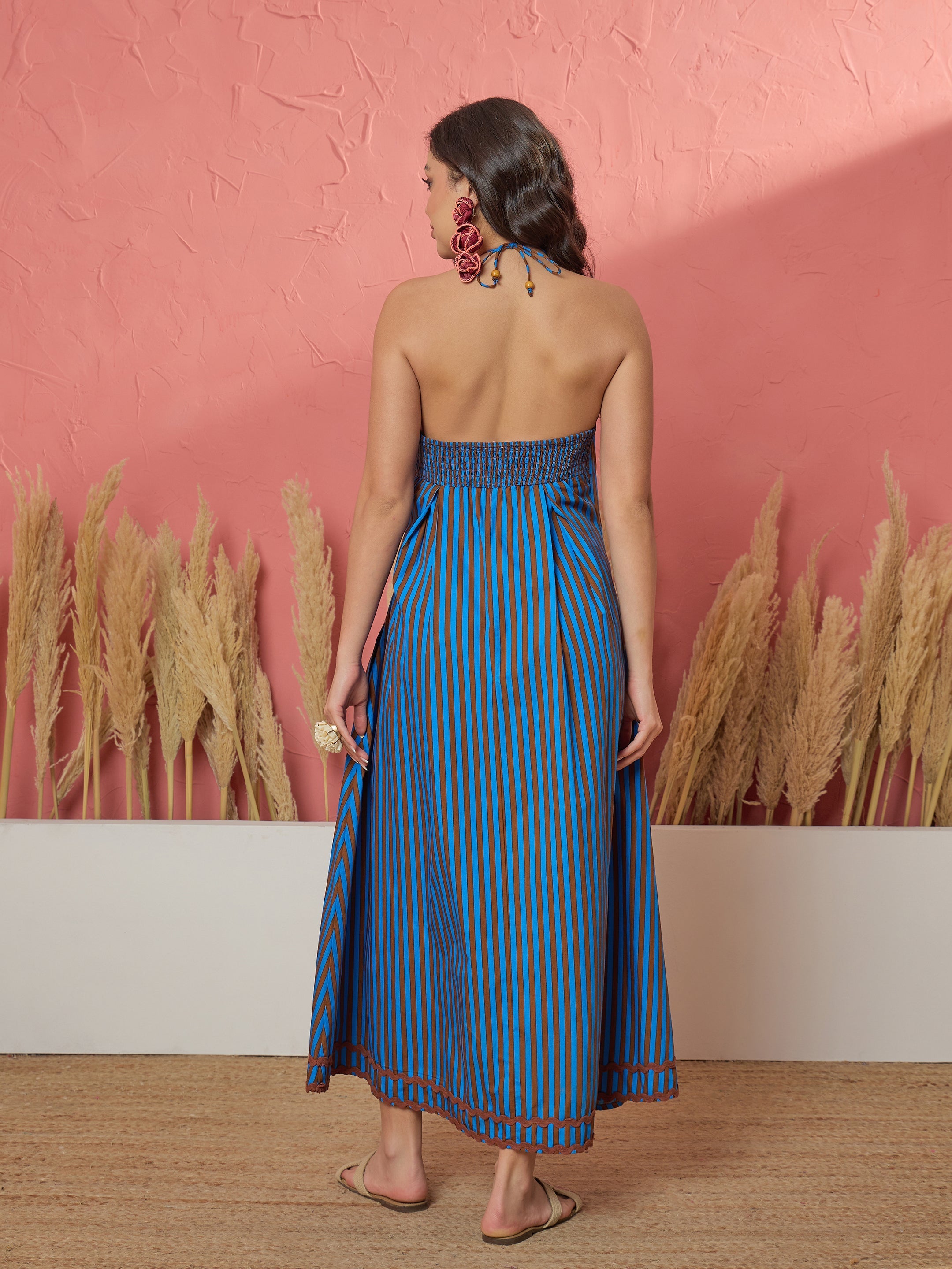 Women Blue & Brown Stripe Ric Rac Lace Halter Neck Midi Dress