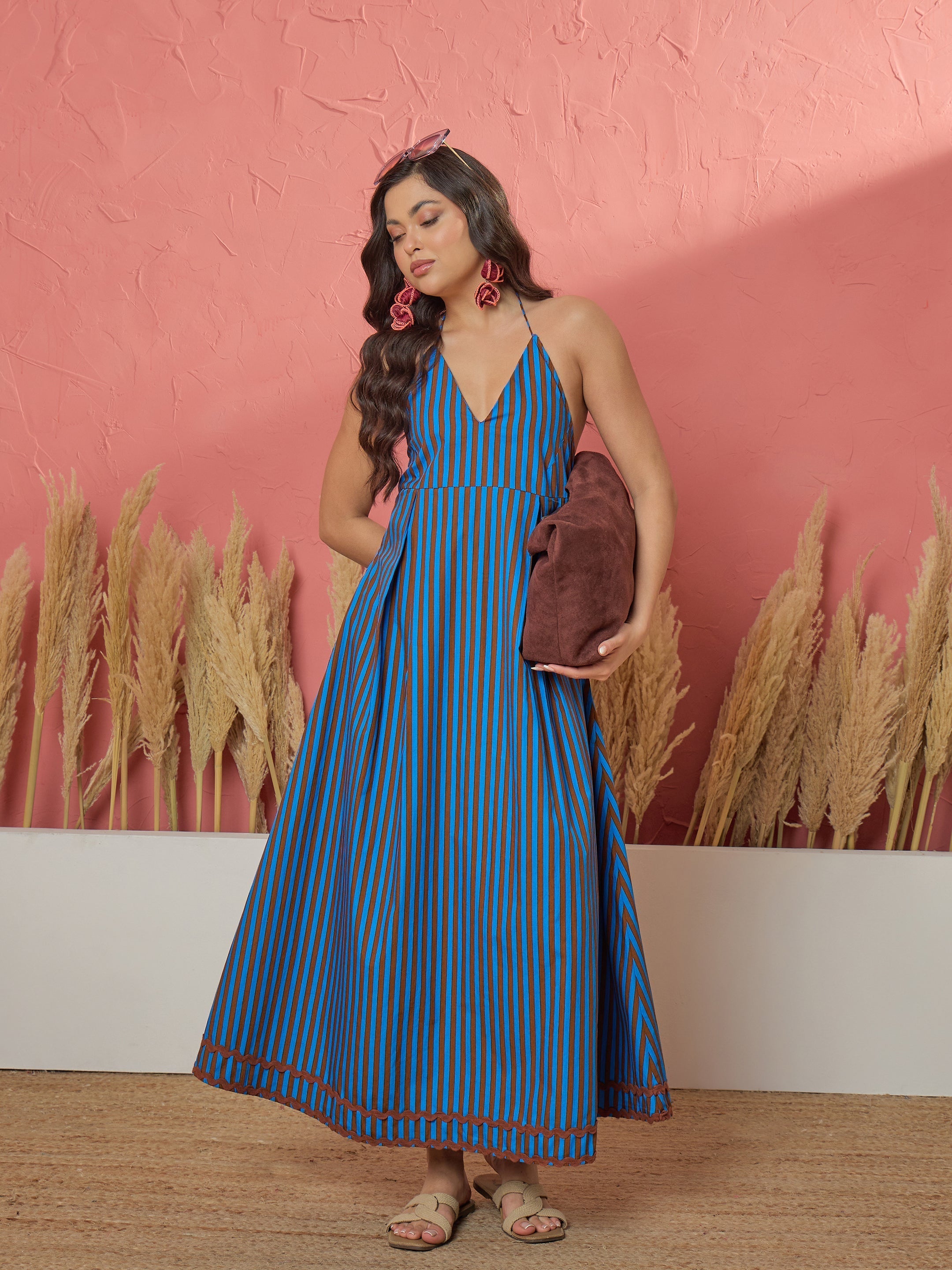 Women Blue & Brown Stripe Ric Rac Lace Halter Neck Midi Dress