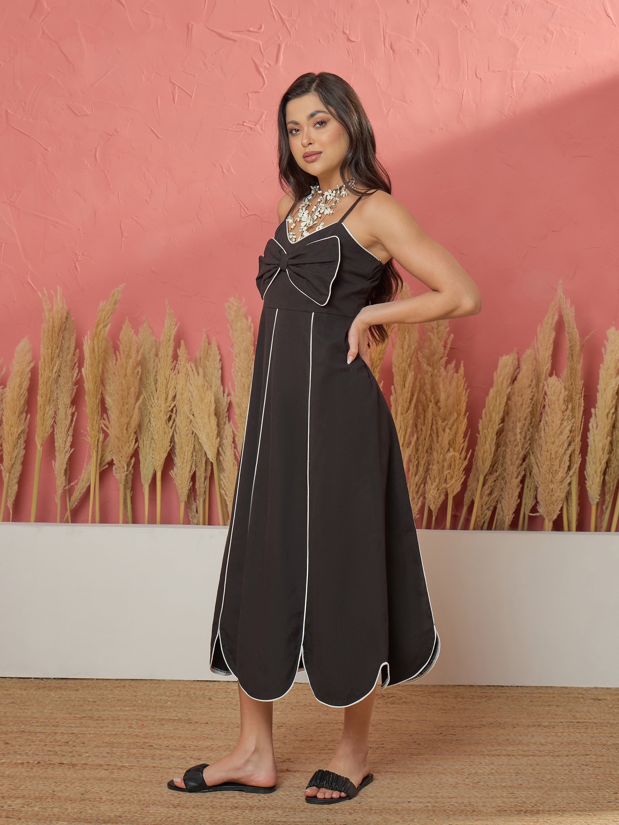 Women Black Twill Front Bow Strappy Midi Dress