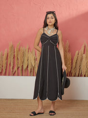 Women Black Twill Front Bow Strappy Midi Dress