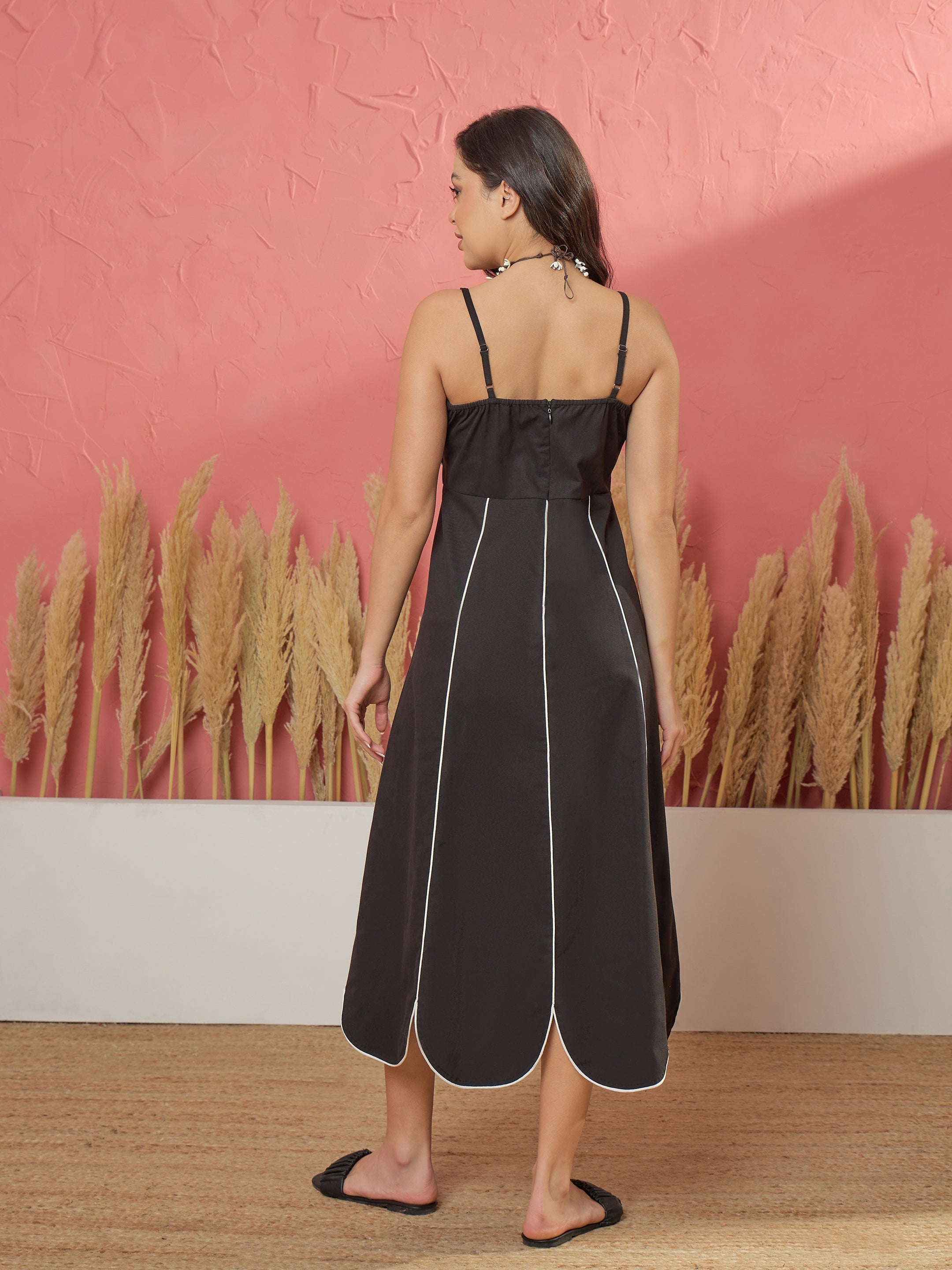 Women Black Twill Front Bow Strappy Midi Dress