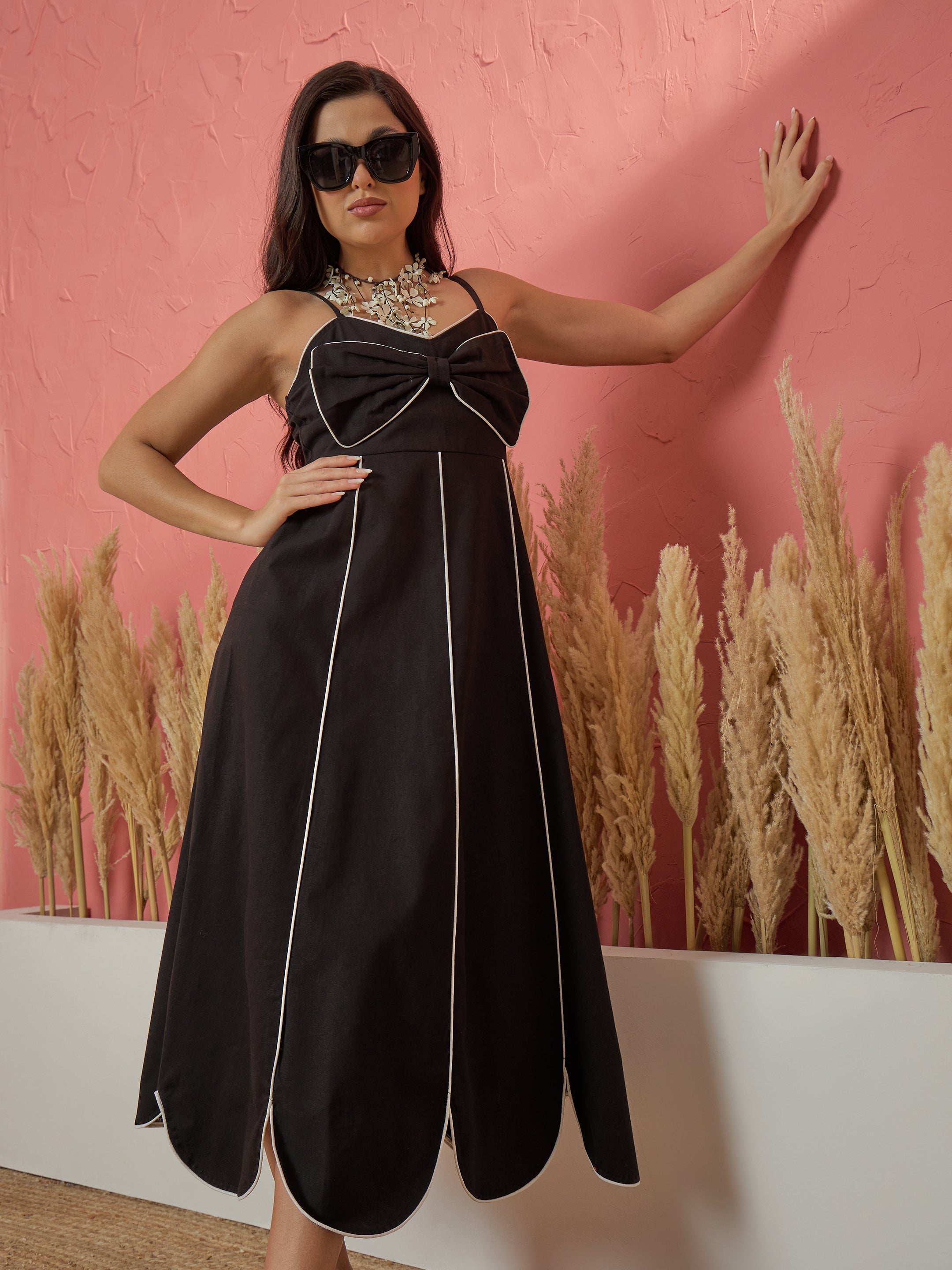 Women Black Twill Front Bow Strappy Midi Dress
