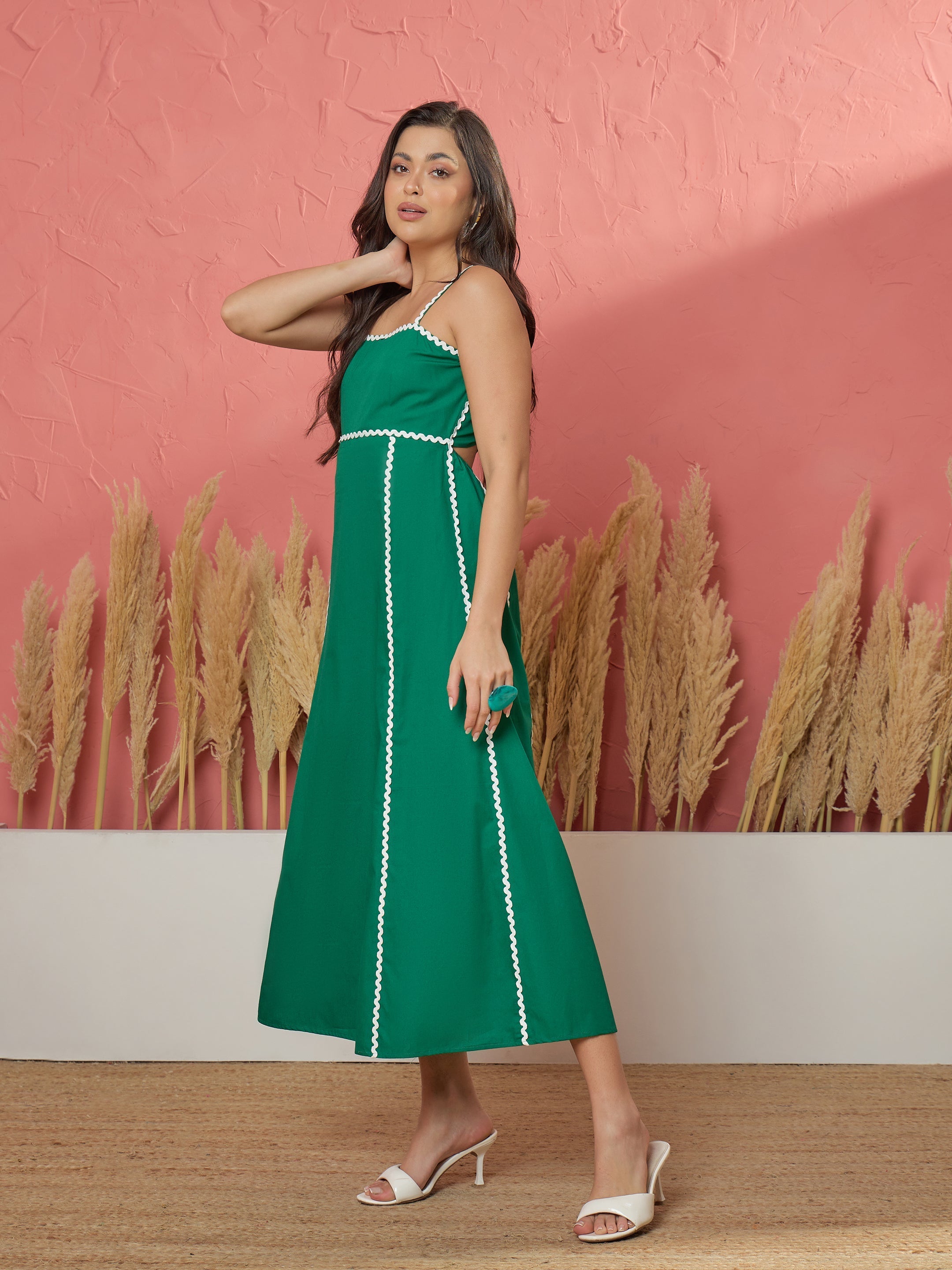 Women Green Ric Rac Lace Back Tie Strappy A-Line Midi Dress