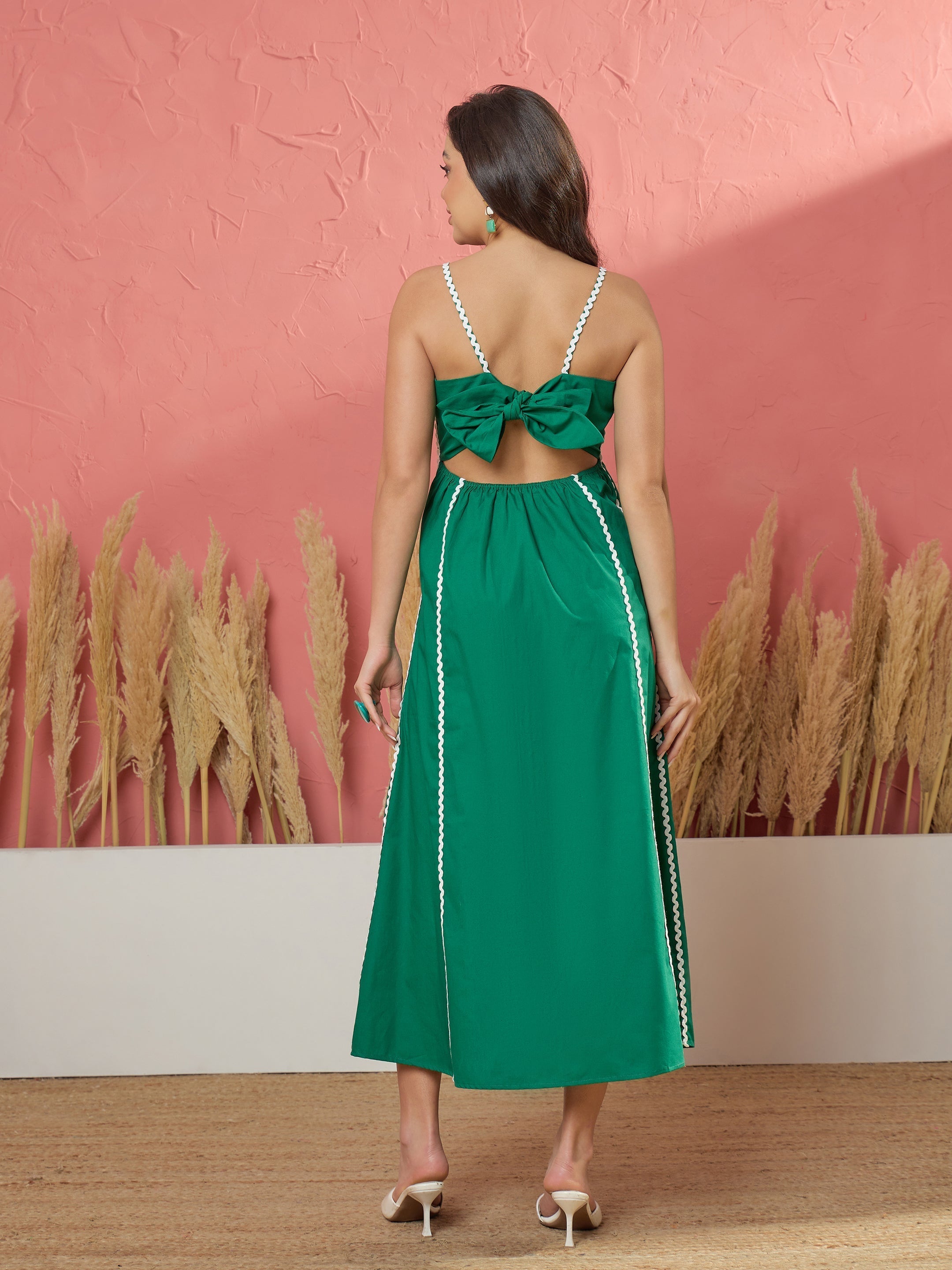 Women Green Ric Rac Lace Back Tie Strappy A-Line Midi Dress